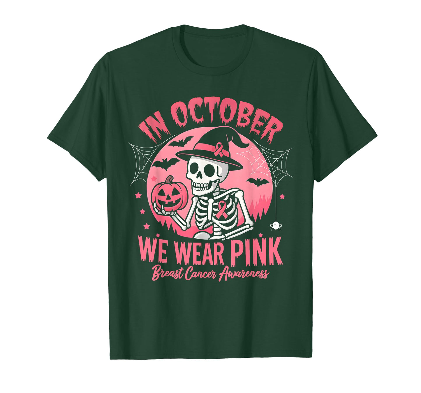 in October We Wear Pink Breast Cancer Women Girls Halloween T-Shirt