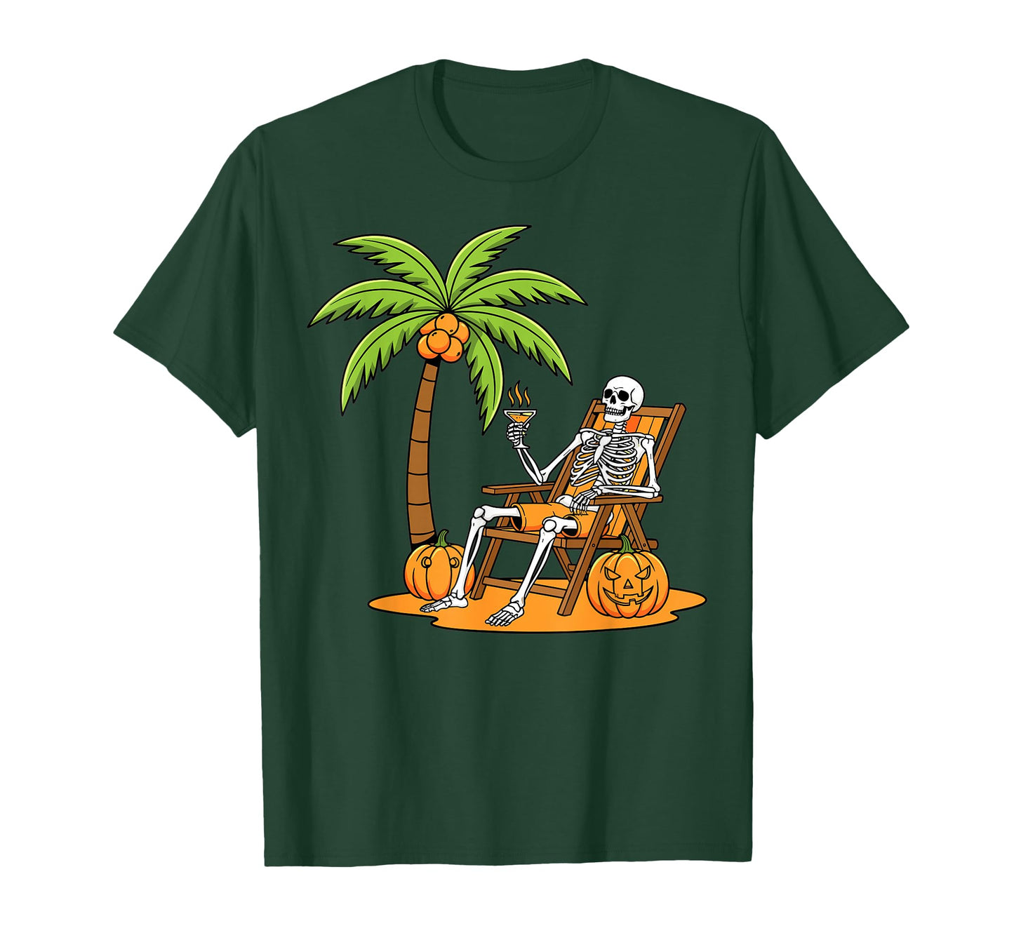 Halloween Skeleton Beach Vacation Palm Tree Pumpkin T-Shirt