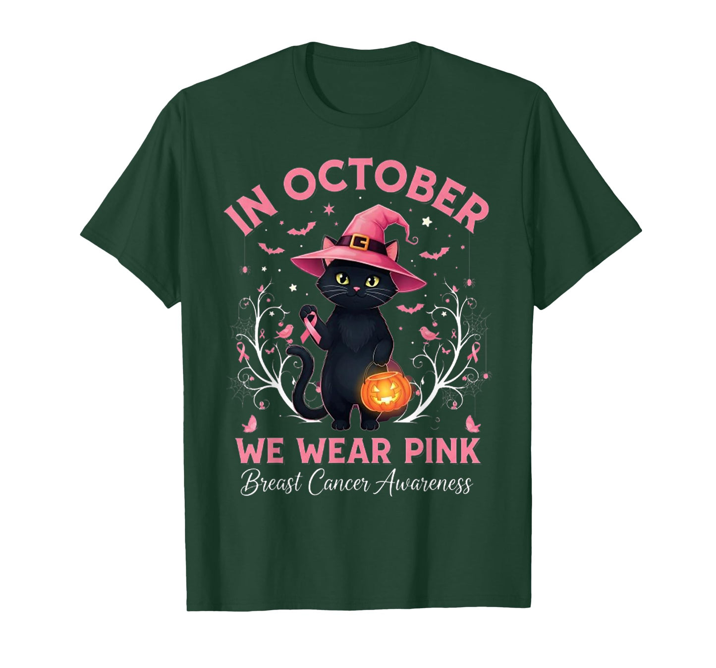 Fun Cat Pink Ribbon in October We Wear Pink Breast Cancer T-Shirt