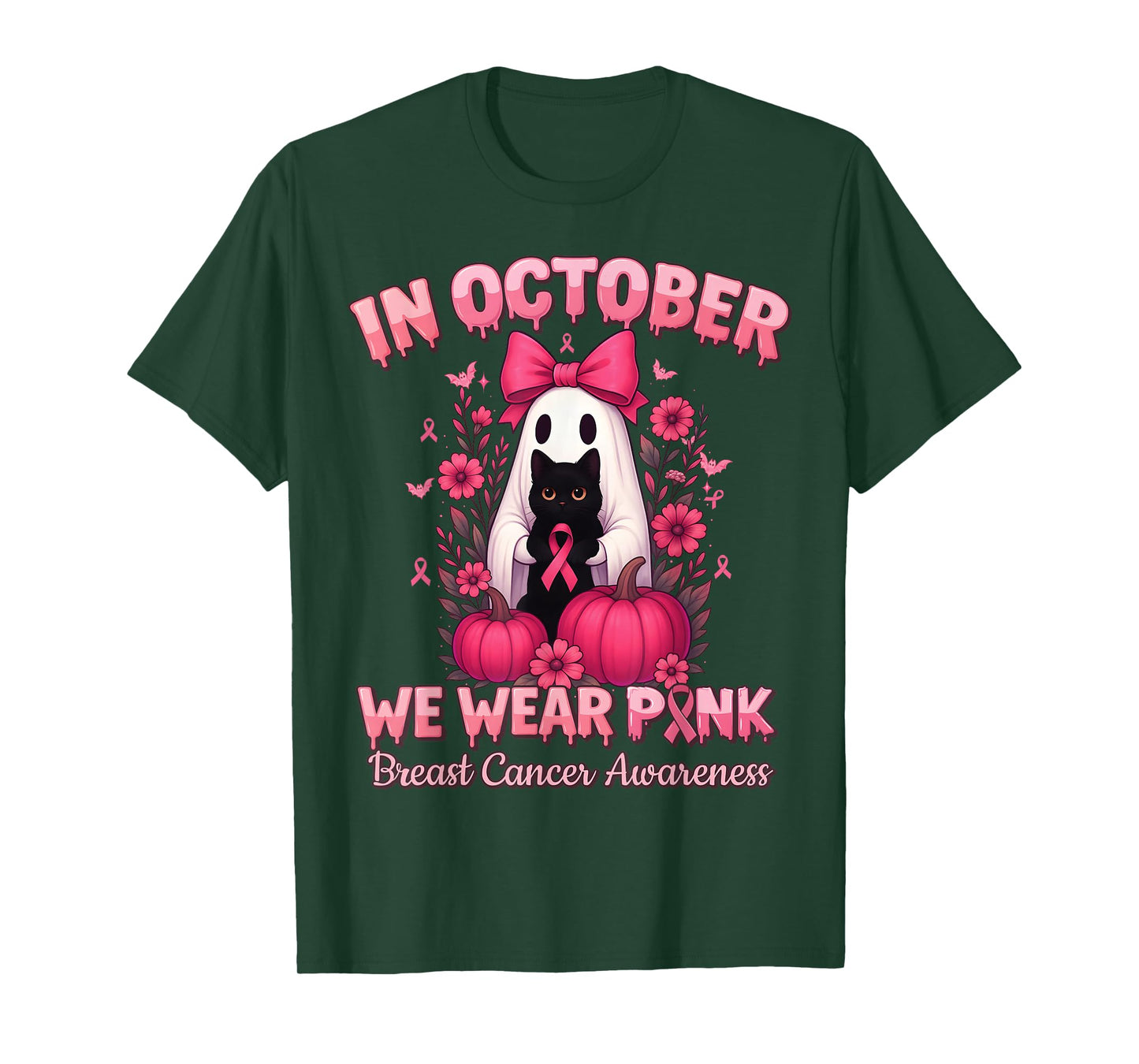 in October We Wear Pink Ghost Witch Breast Cancer Awareness T-Shirt