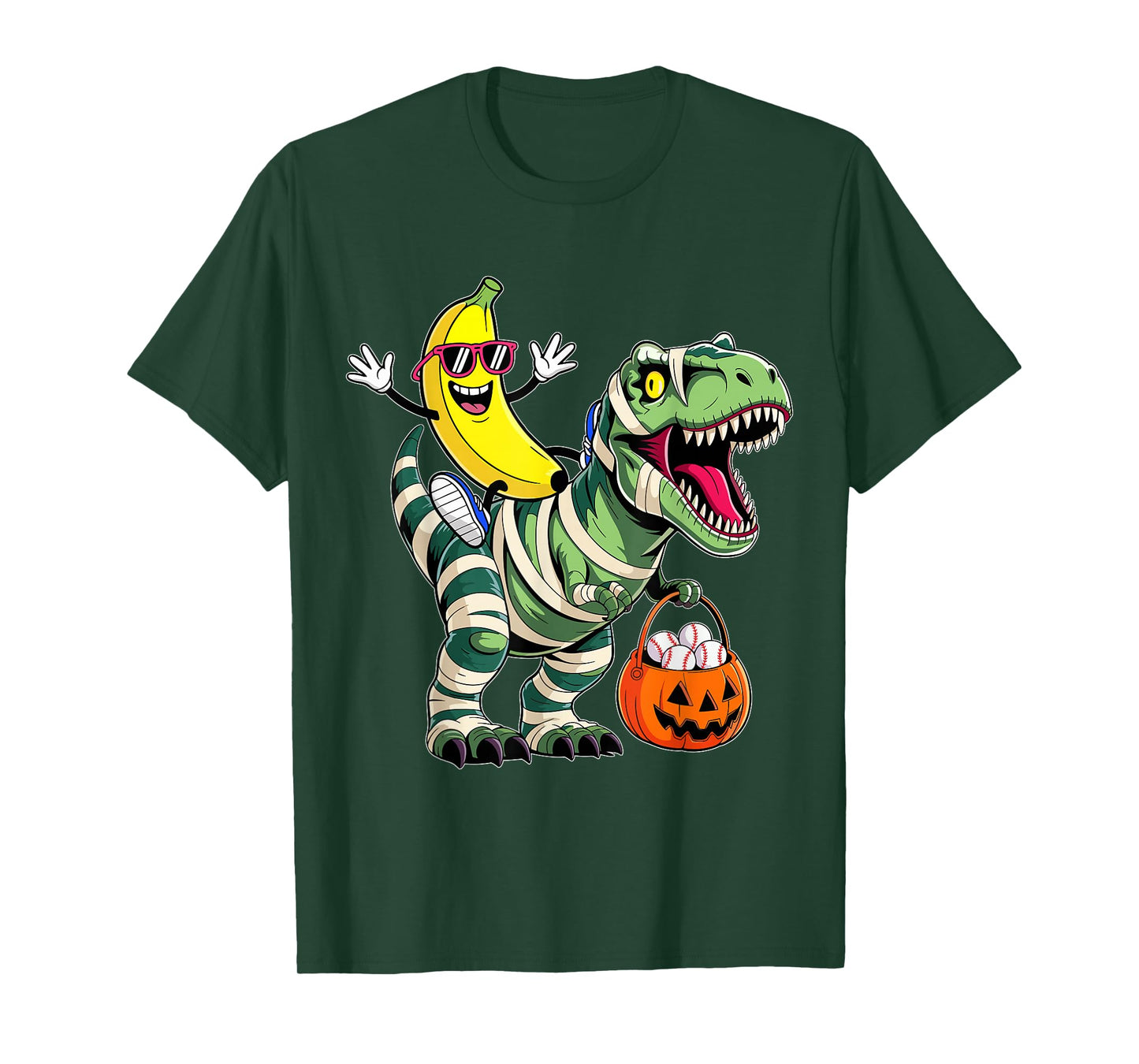 Banana Riding Mummy Dinosaur T rex Halloween Funny Pumpkin T-Shirt