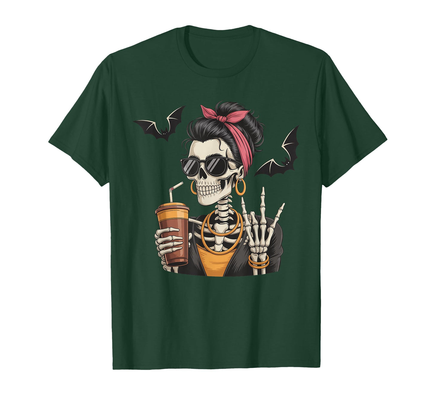 Skeleton Girl Drinking Coffee Peace Sign Graphic for Women T-Shirt