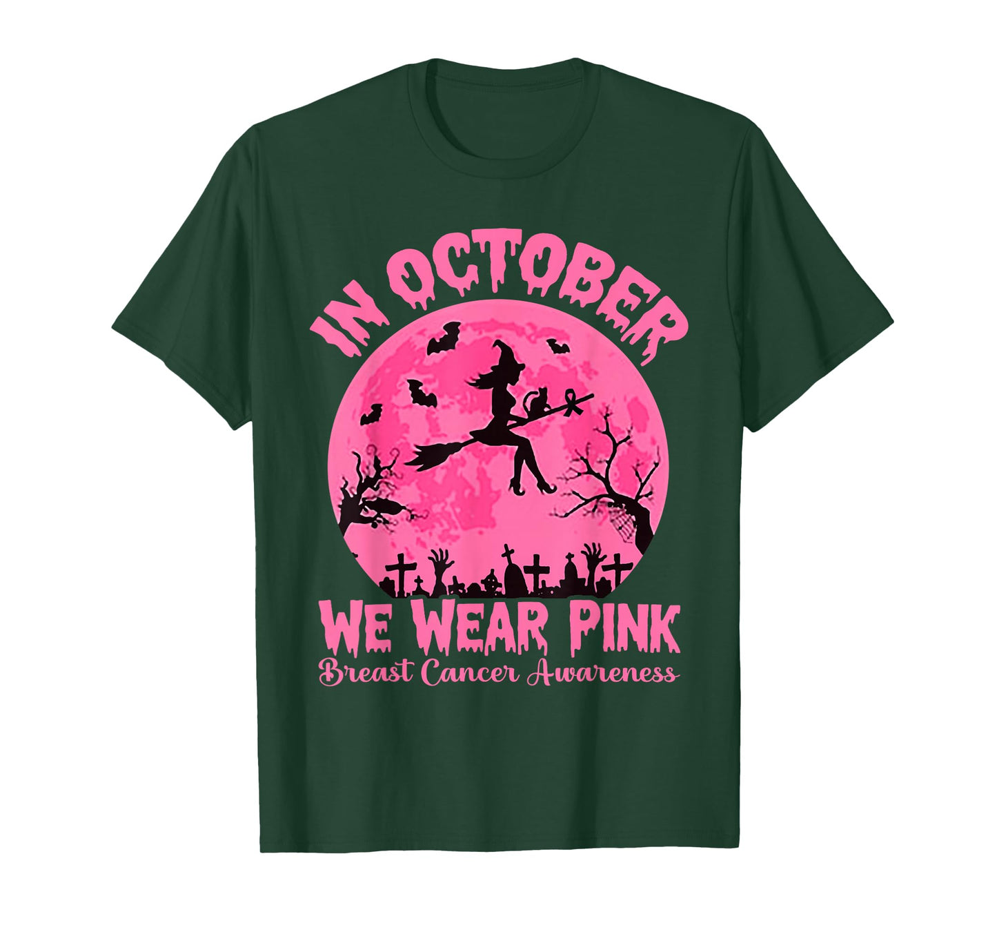 in October We Wear Pink Flying Witch Halloween Breast Cancer T-Shirt