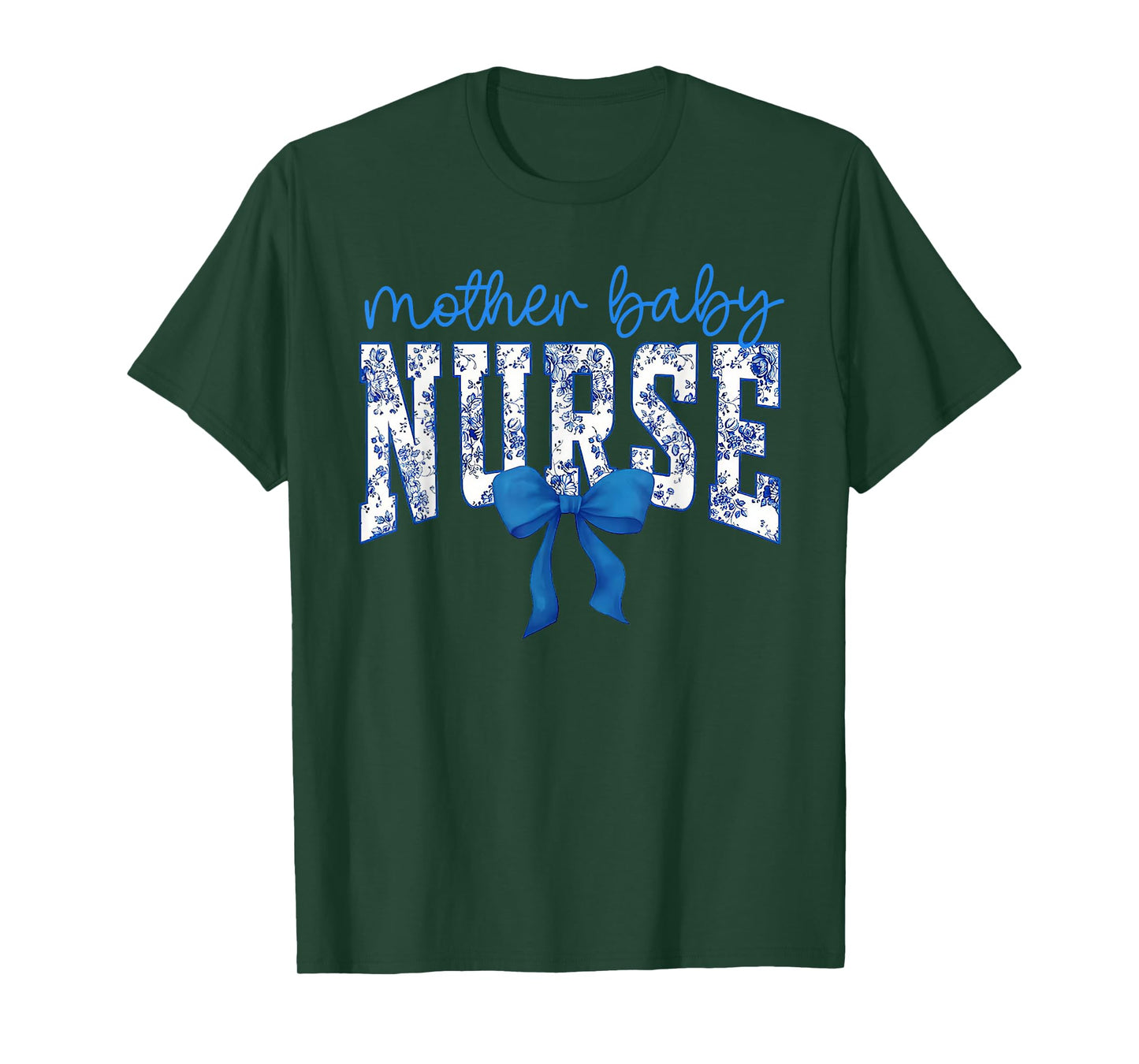 Toile Nurse Bow Blue Coquette Mother Baby Nurse Crew Floral T-Shirt