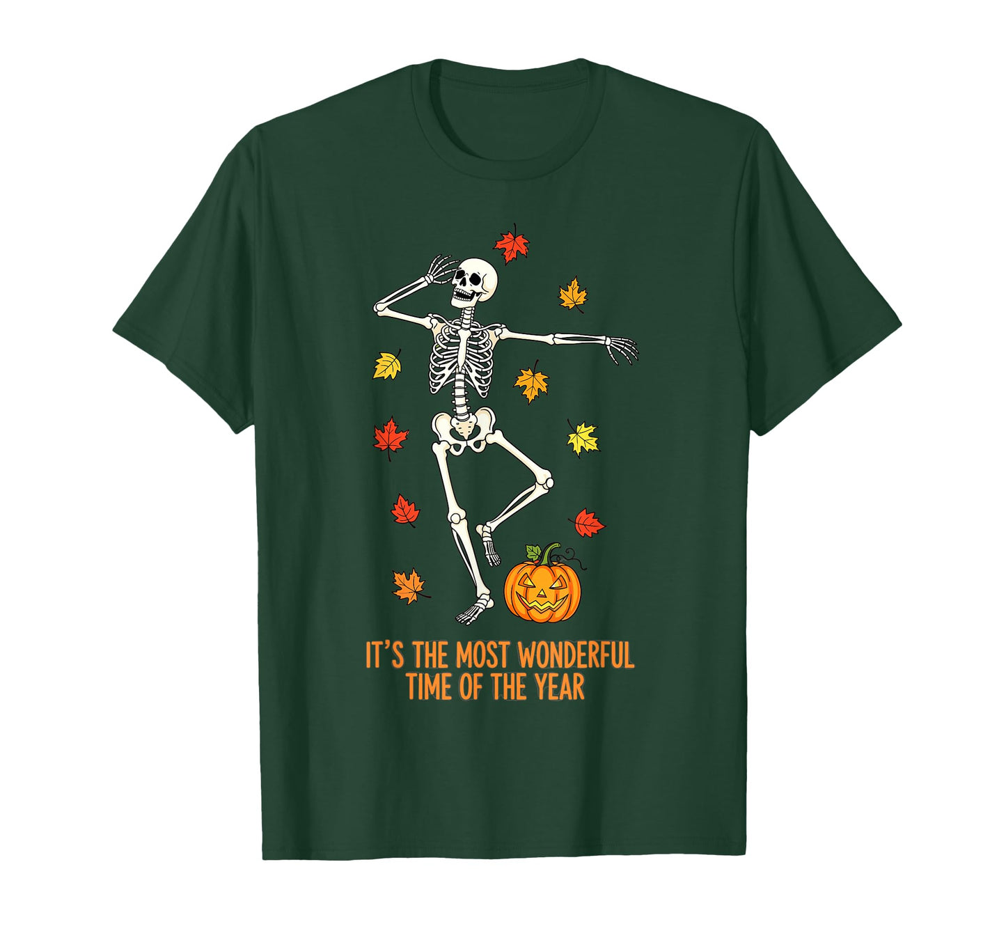 Dancing Skeleton Pumpkin Leaves Funny Halloween Vibes T-Shirt
