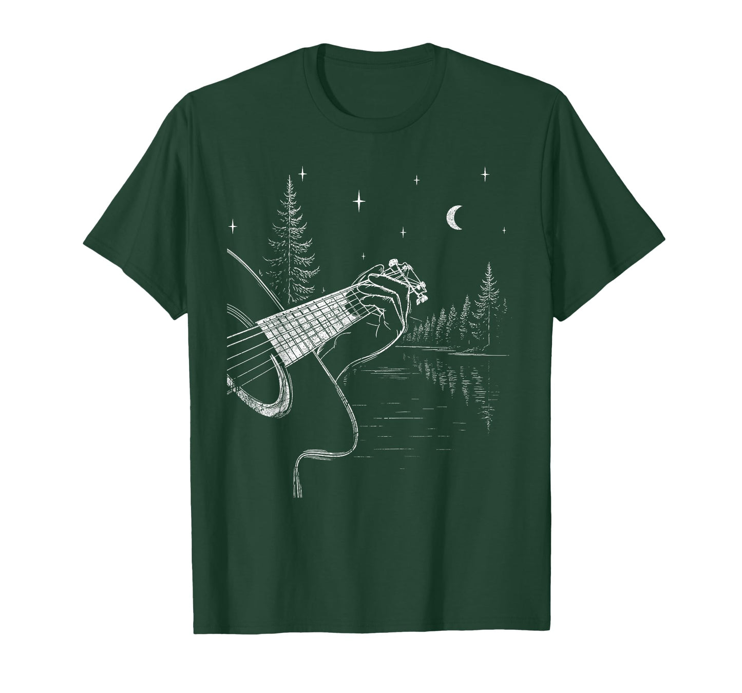 Guitar Forest Night Scene Acoustic Music Moon Art T-Shirt