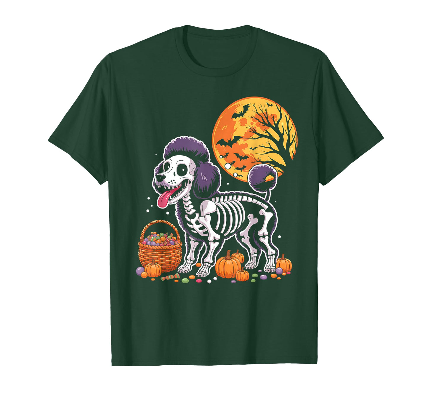 Miniature Poodle Dog Skeleton Scary Pumpkin Moon Halloween T-Shirt