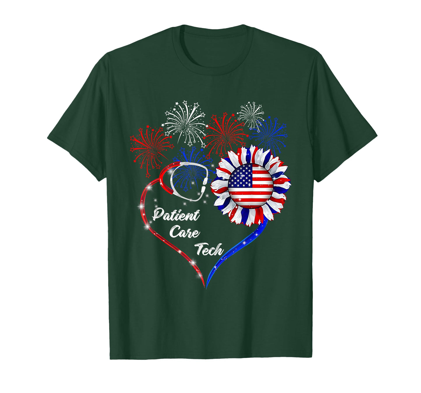 American Flag July 4th Firework Sunflower Patient Care Tech T-Shirt