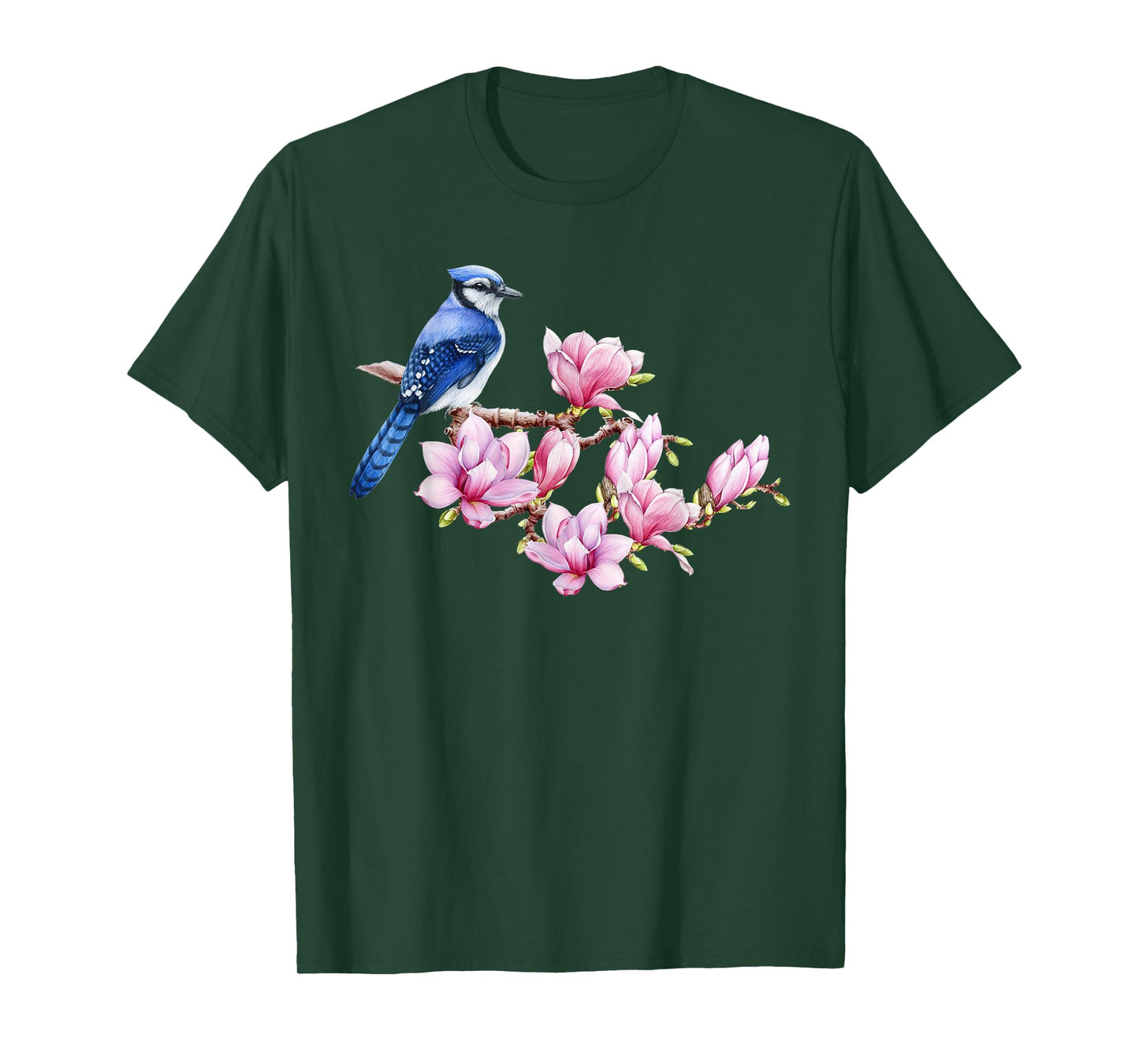 Blue Jay Bird on Magnolia - Watercolor Birding and Gardening T-Shirt
