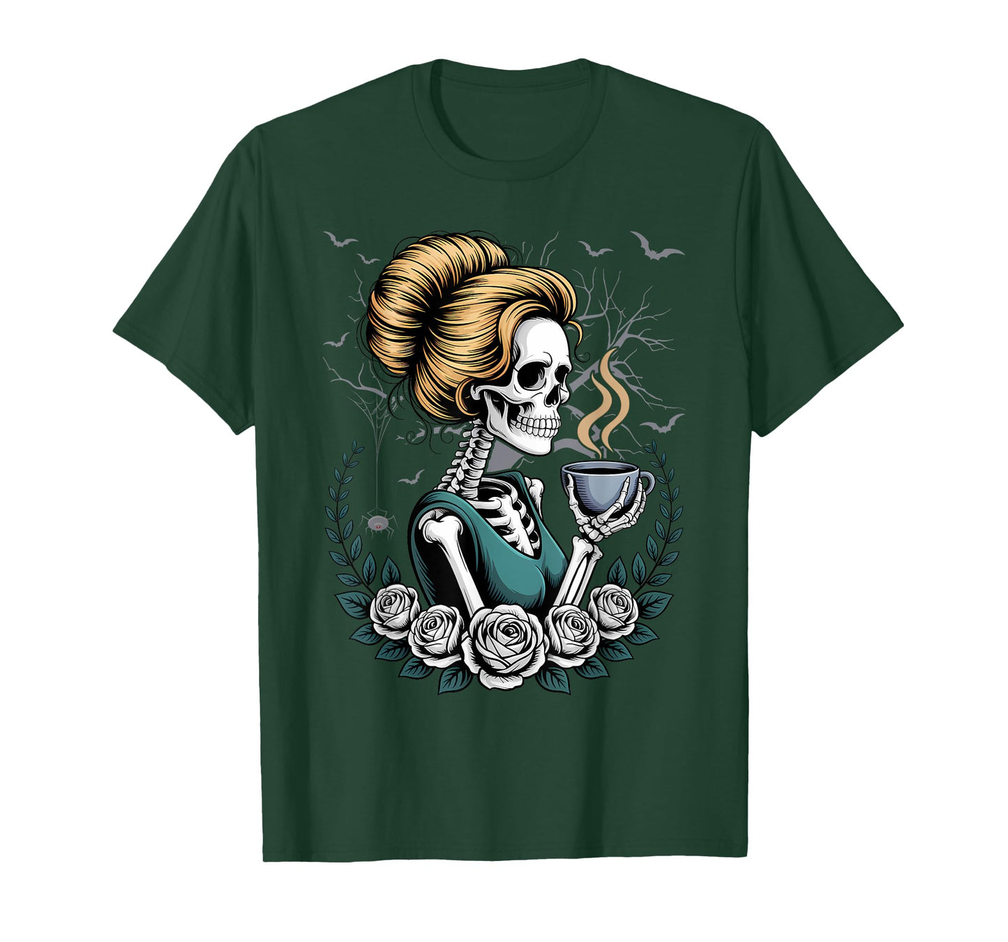 Messy Bun Skeleton Drinking Coffee Vintage Halloween Funny T-Shirt