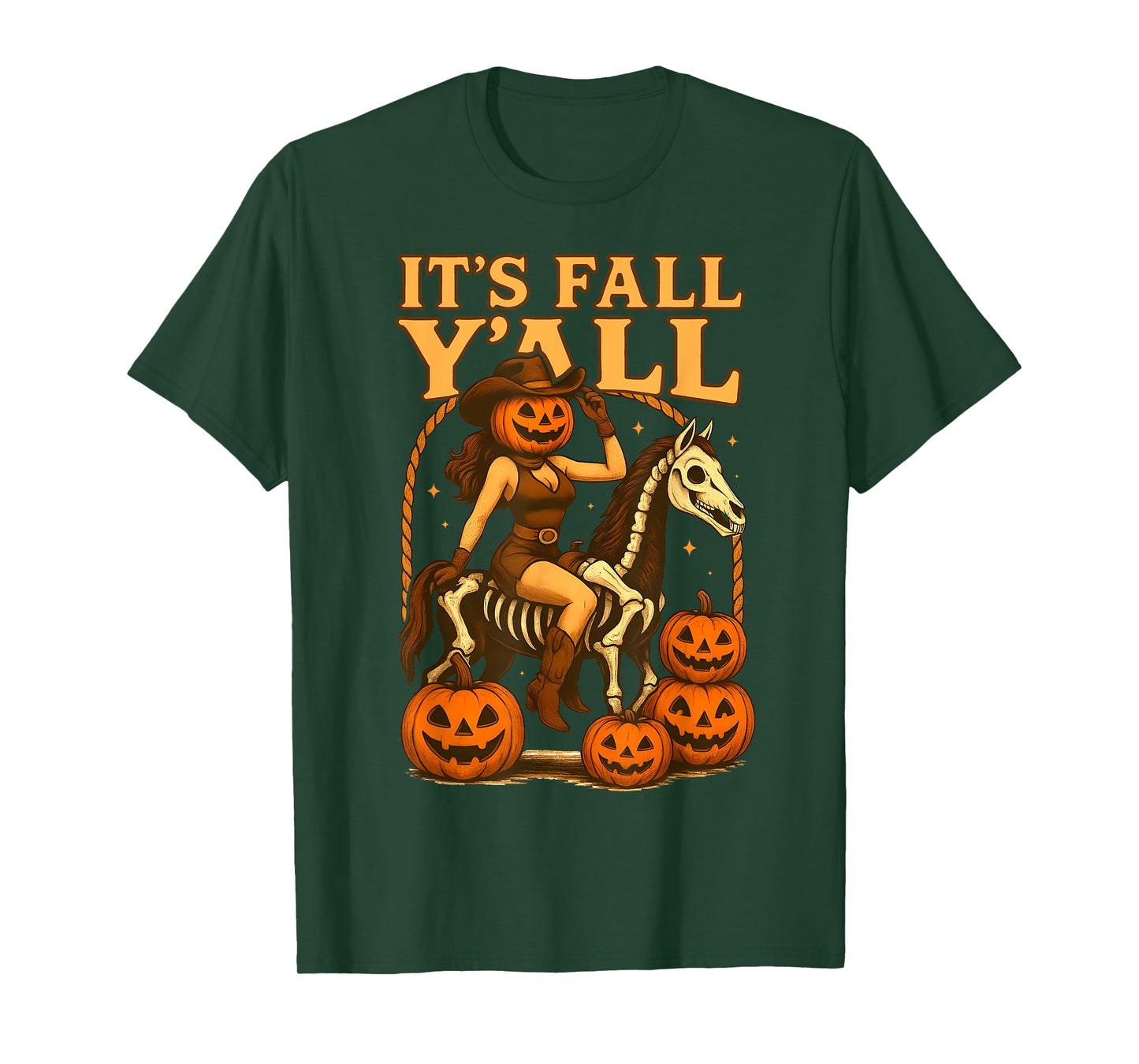 Its Fall Y’All Pumpkin Head Cowgirl Skeleton Horse Halloween T-Shirt