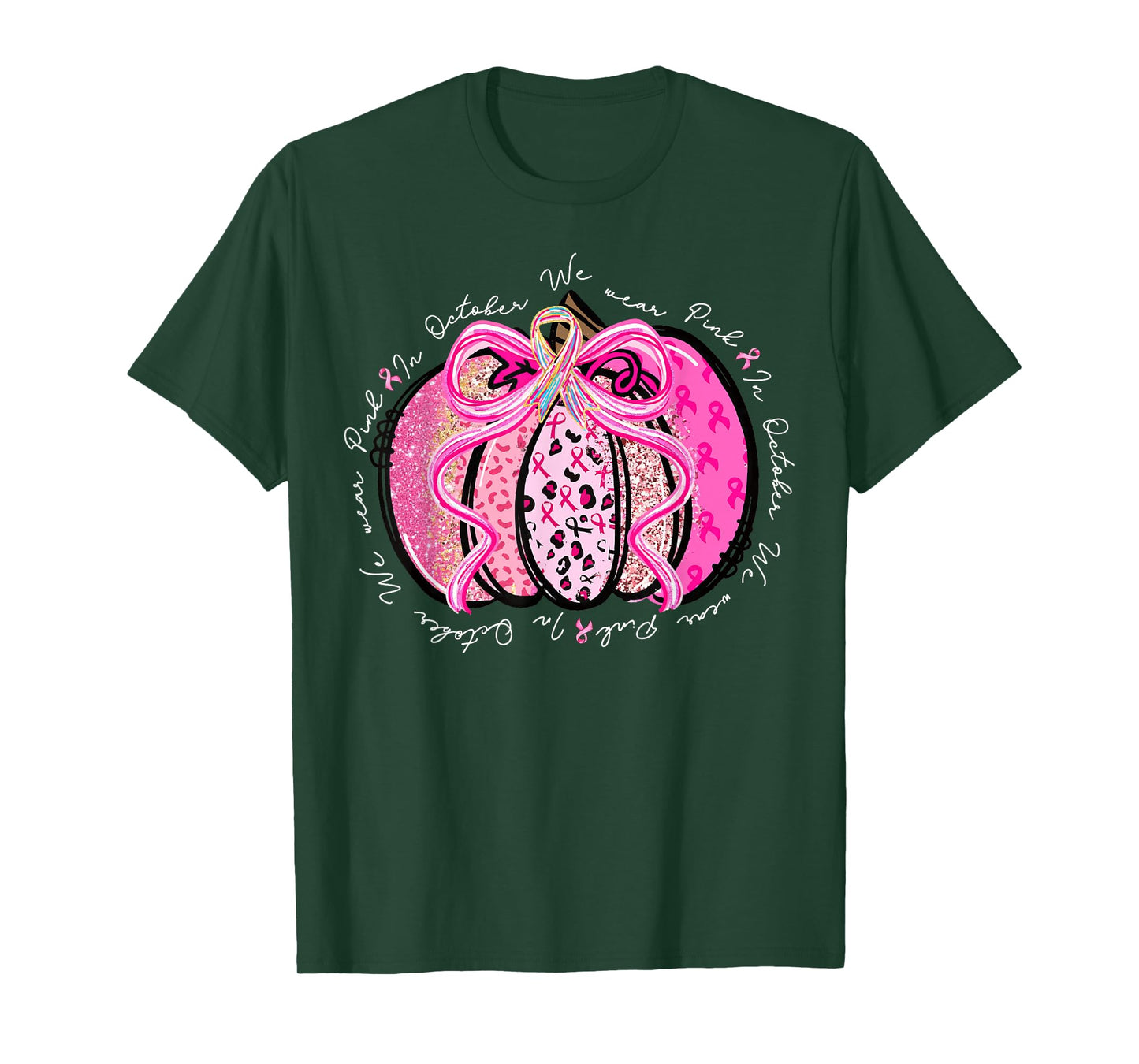 in October We Wear Pink Bow Pumpkin Breast Cancer Awareness T-Shirt