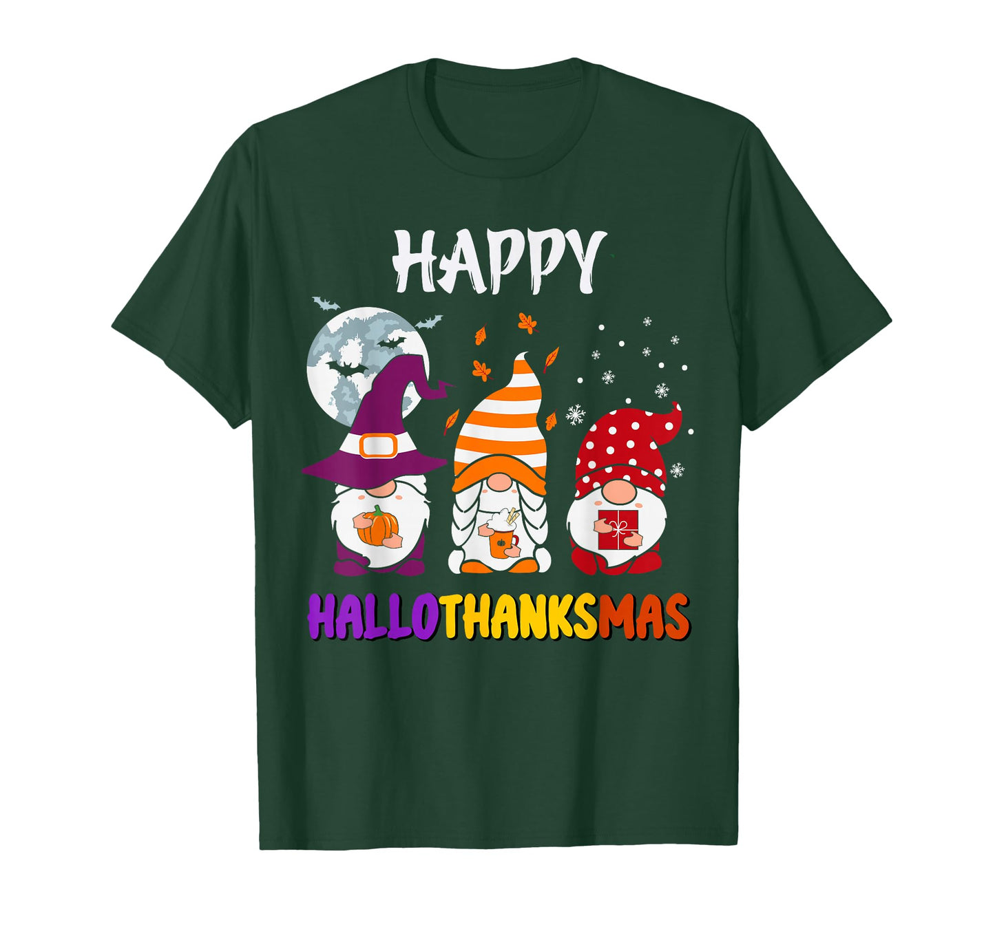 Happy HalloThanksMas Gnomes Halloween Thanksgiving Christmas T-Shirt