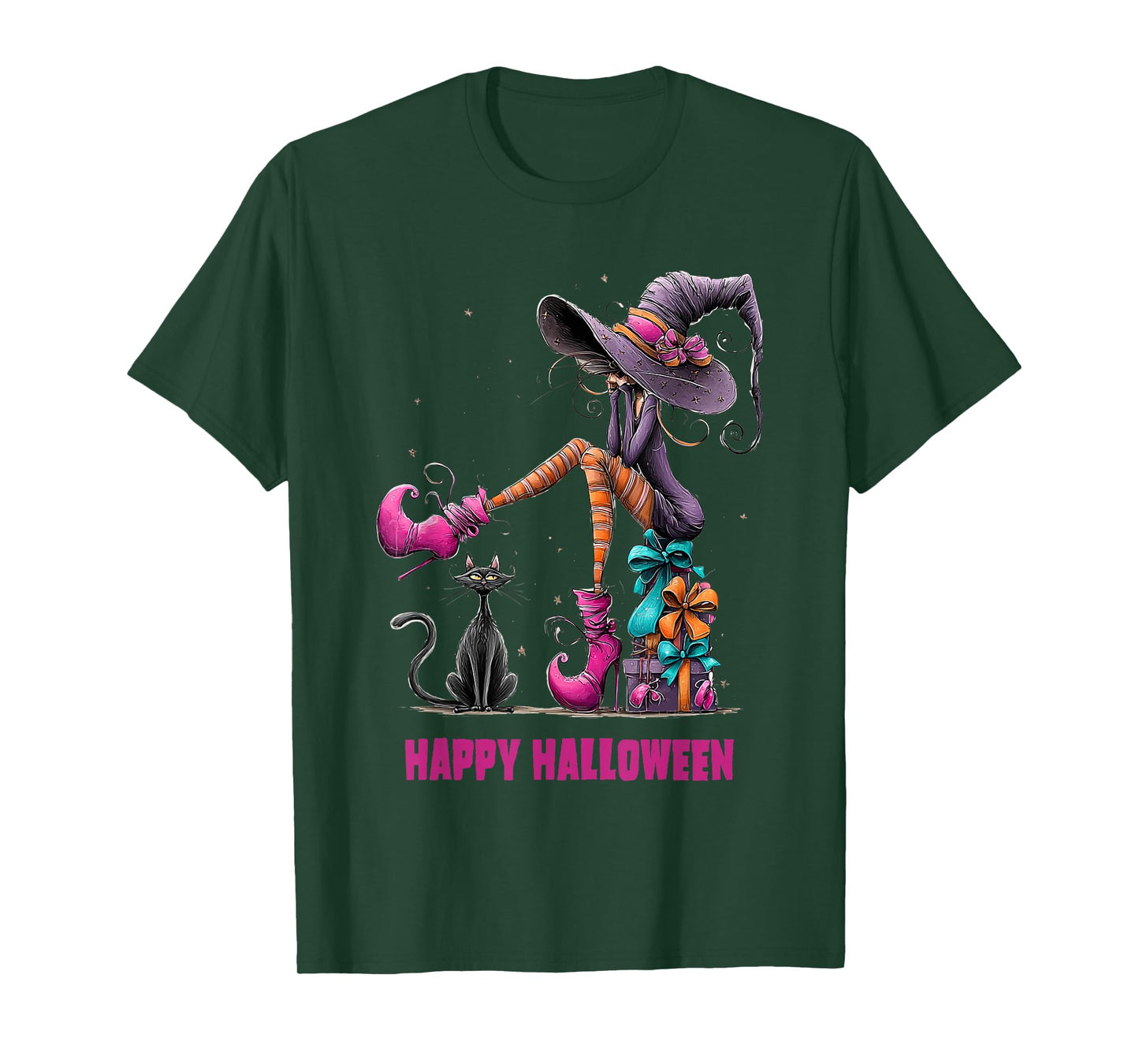 Spooky Witch High Heels with Black Cat Halloween Pumpkin T-Shirt