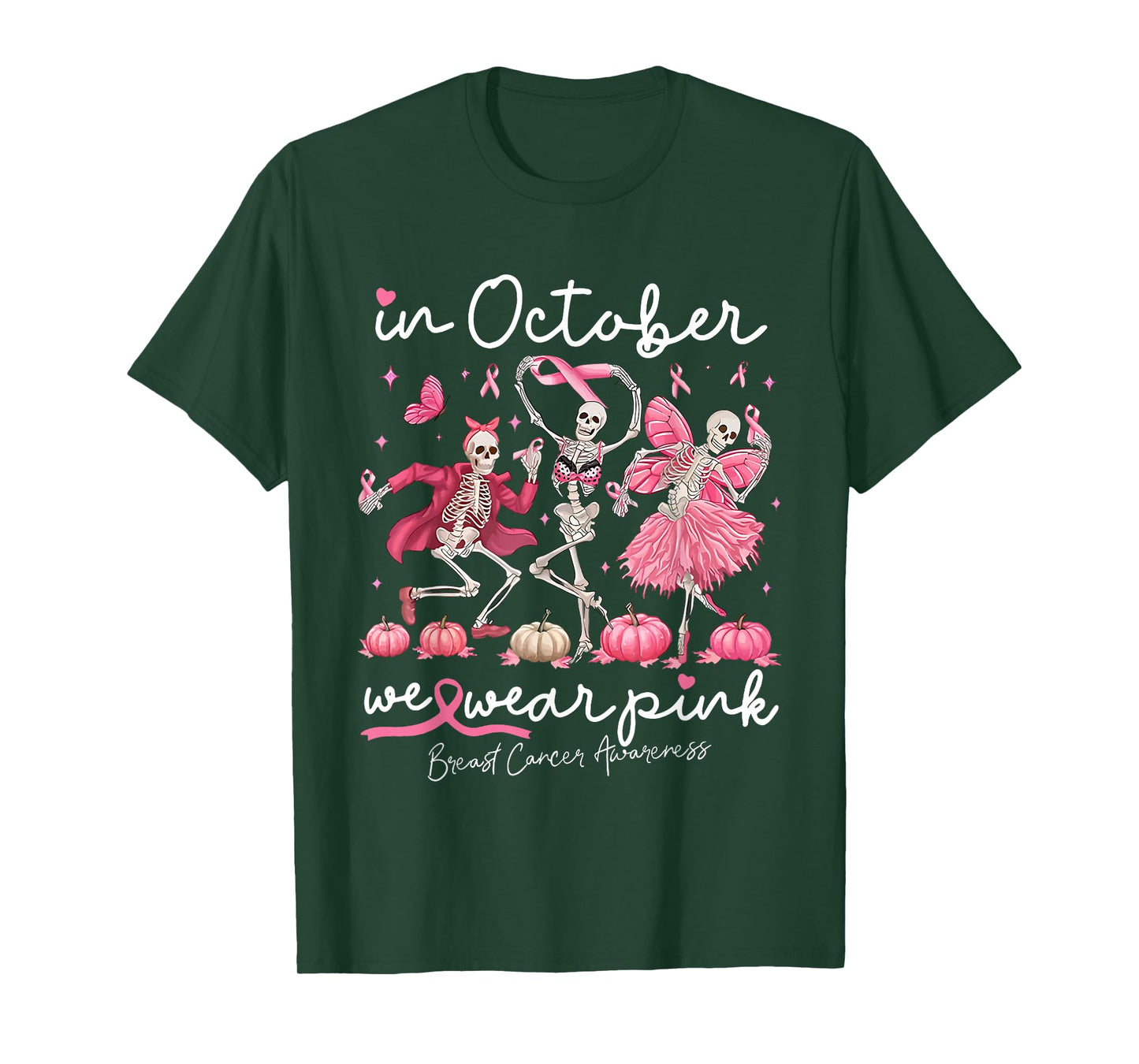 in October We Wear Pink Skeleton Breast Cancer Awareness T-Shirt