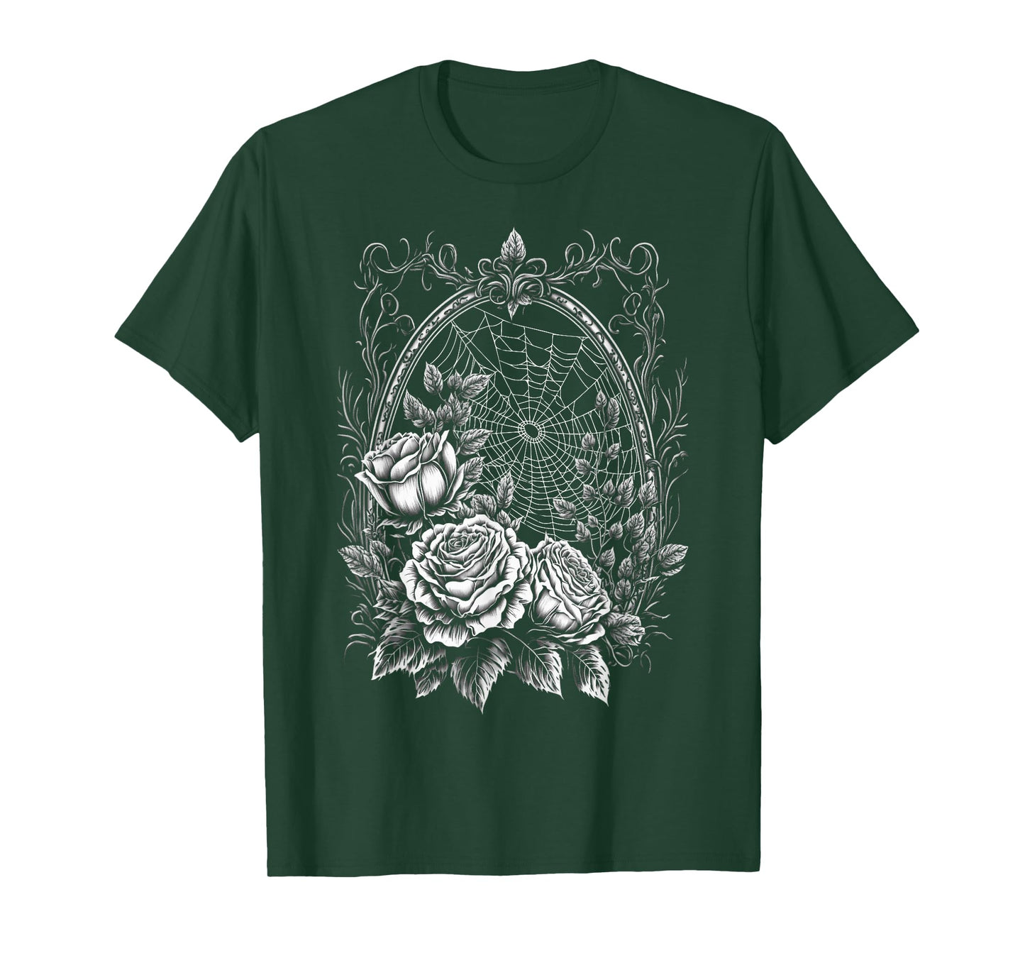 Spider Web With Frame And Roses Halloween Goth Nature Witch T-Shirt