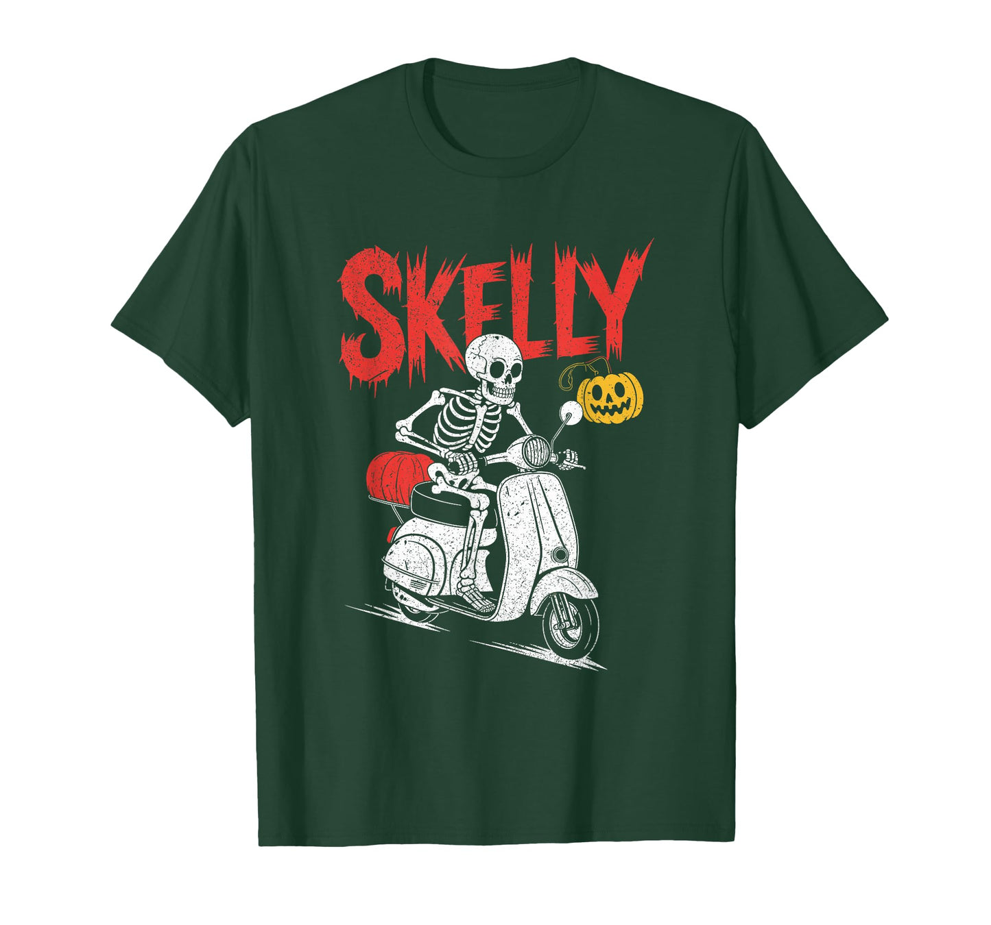 Skeleton Riding Scooter with Pumpkin Lantern Funny Halloween T-Shirt