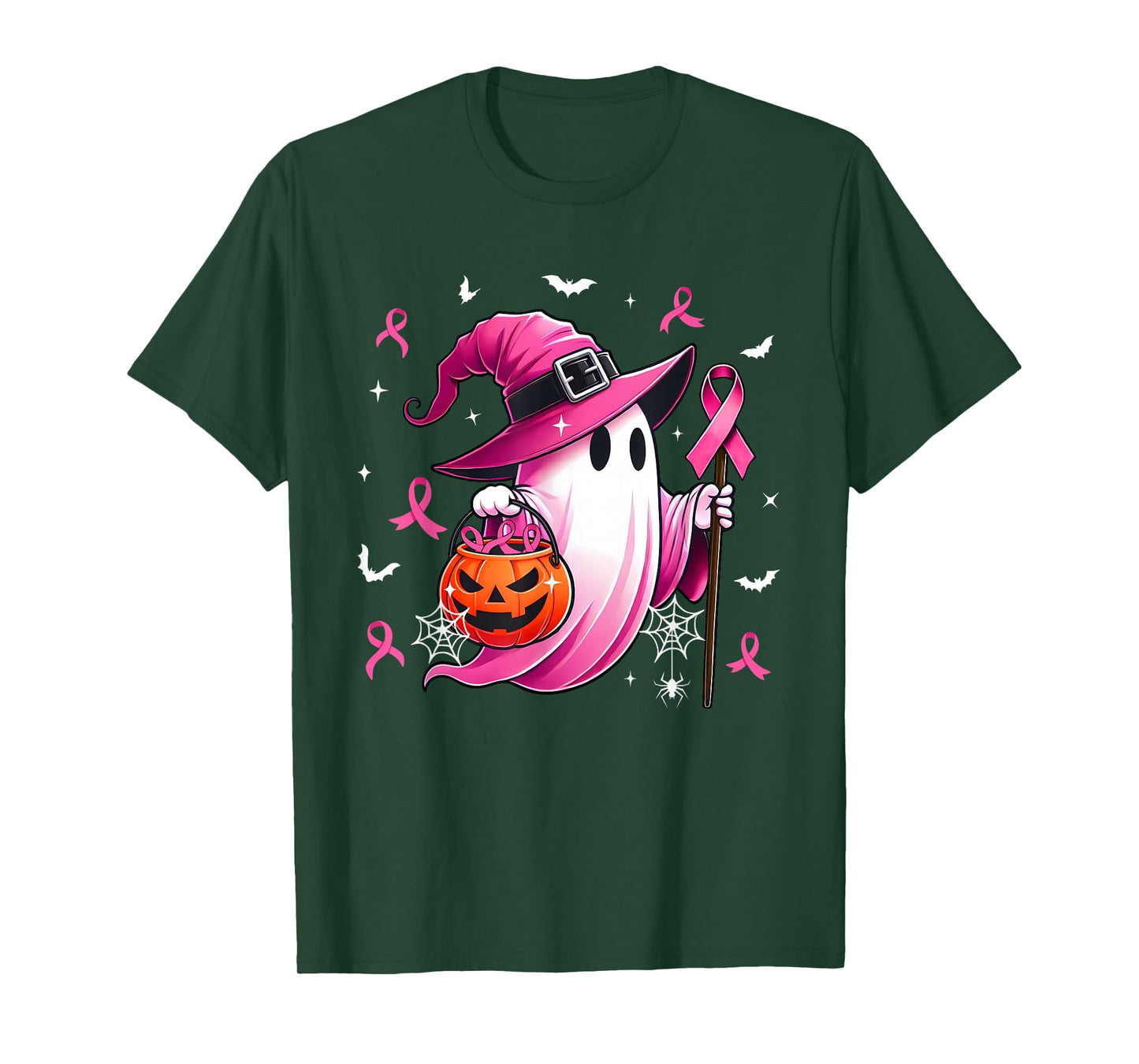 Halloween Pink Ghost Witch Breast Cancer Awareness Women T-Shirt