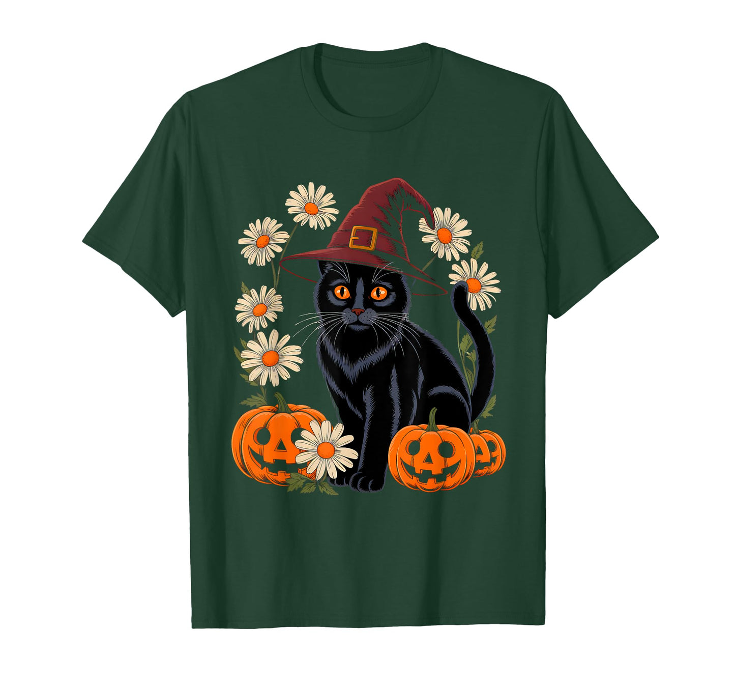 Retro Floral Black Cat Pumpkin Autumn Halloween Men Women T-Shirt