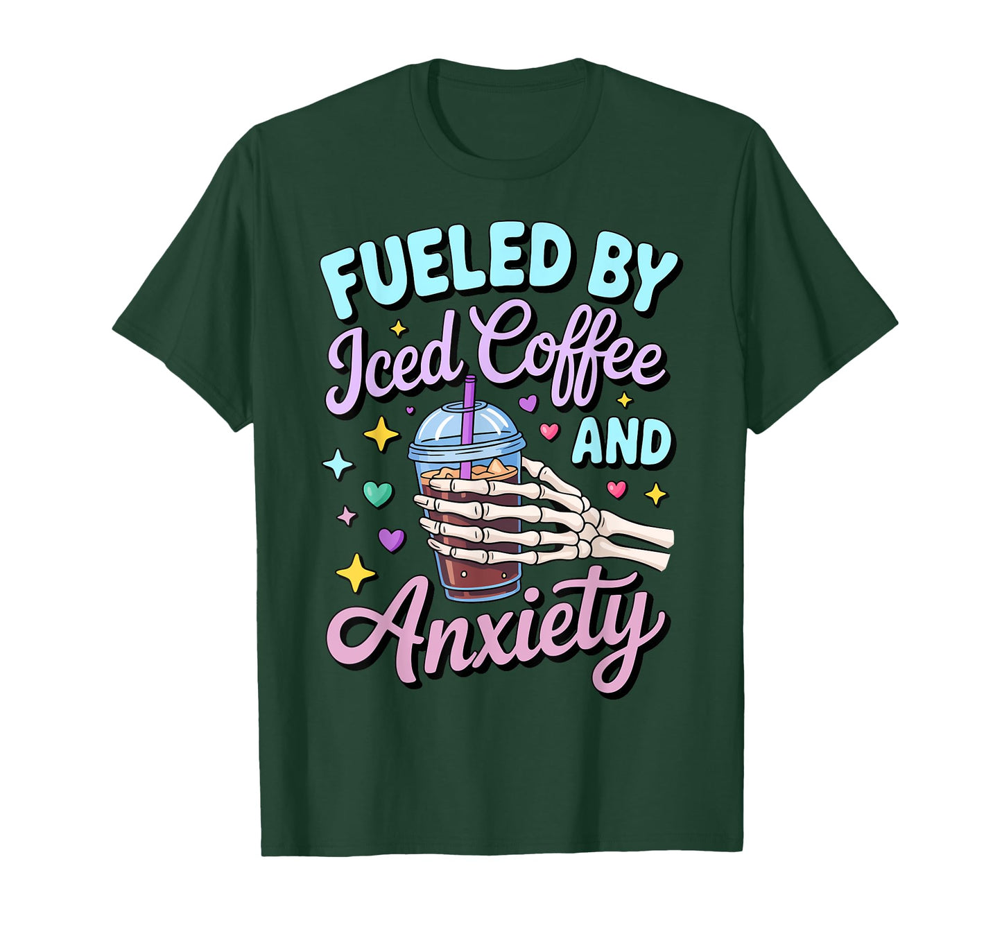 Women Fueled By Iced Coffee and Anxiety Skull Coffee Lover T-Shirt