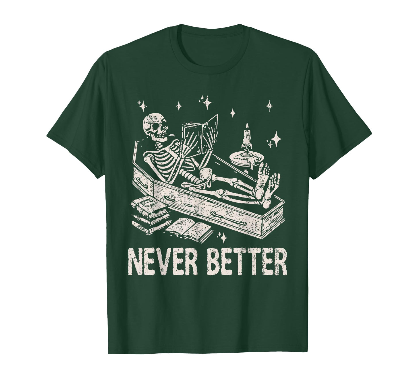 Funny Skeleton Reading Book In Coffin Never Better Halloween T-Shirt
