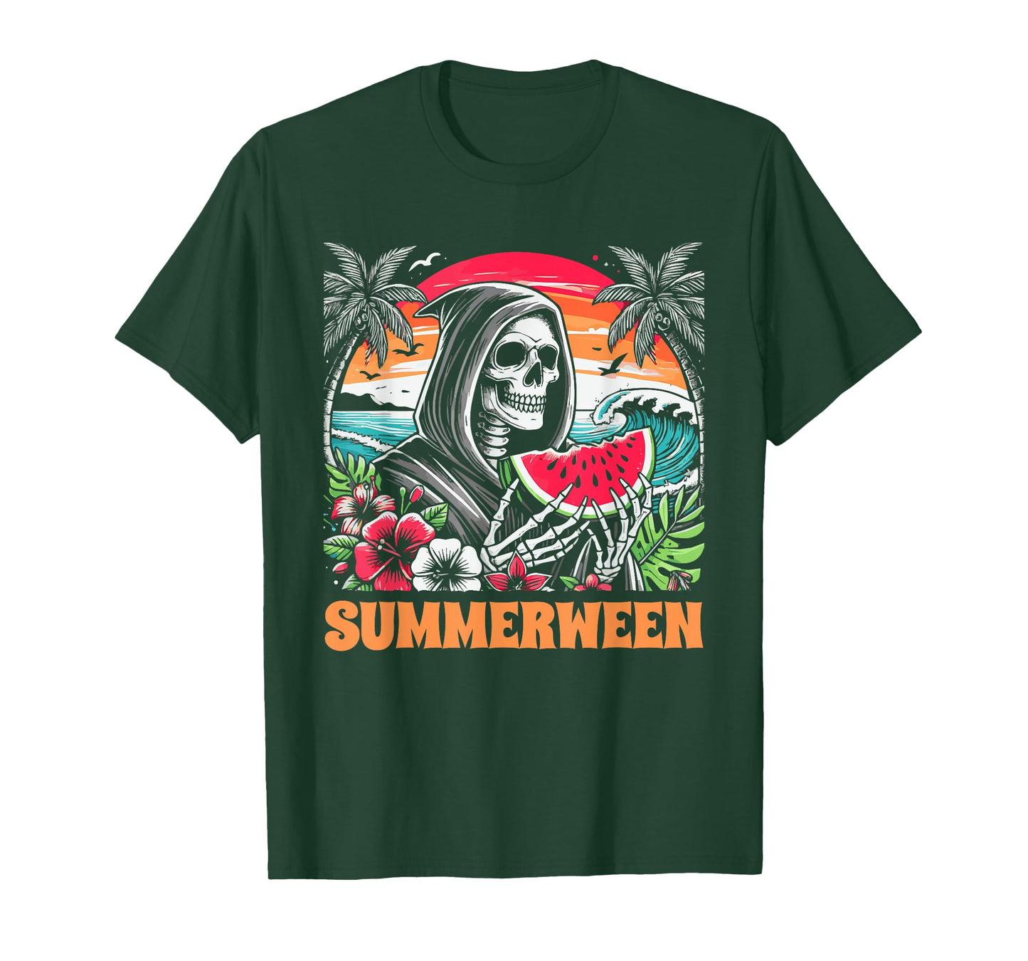Summerween Skeleton Tropical Beach Scene T-Shirt