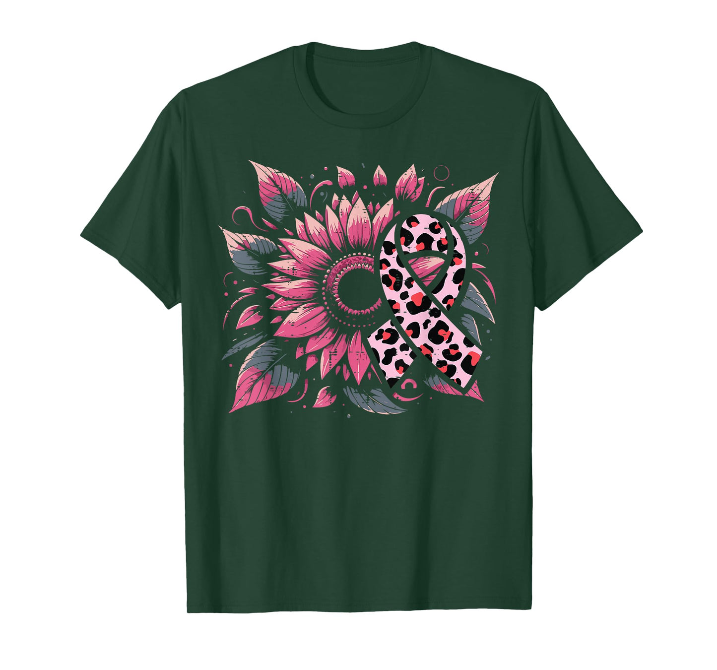 Breast Cancer Leopard Ribbon Sunflower Aware Women Men Kids T-Shirt
