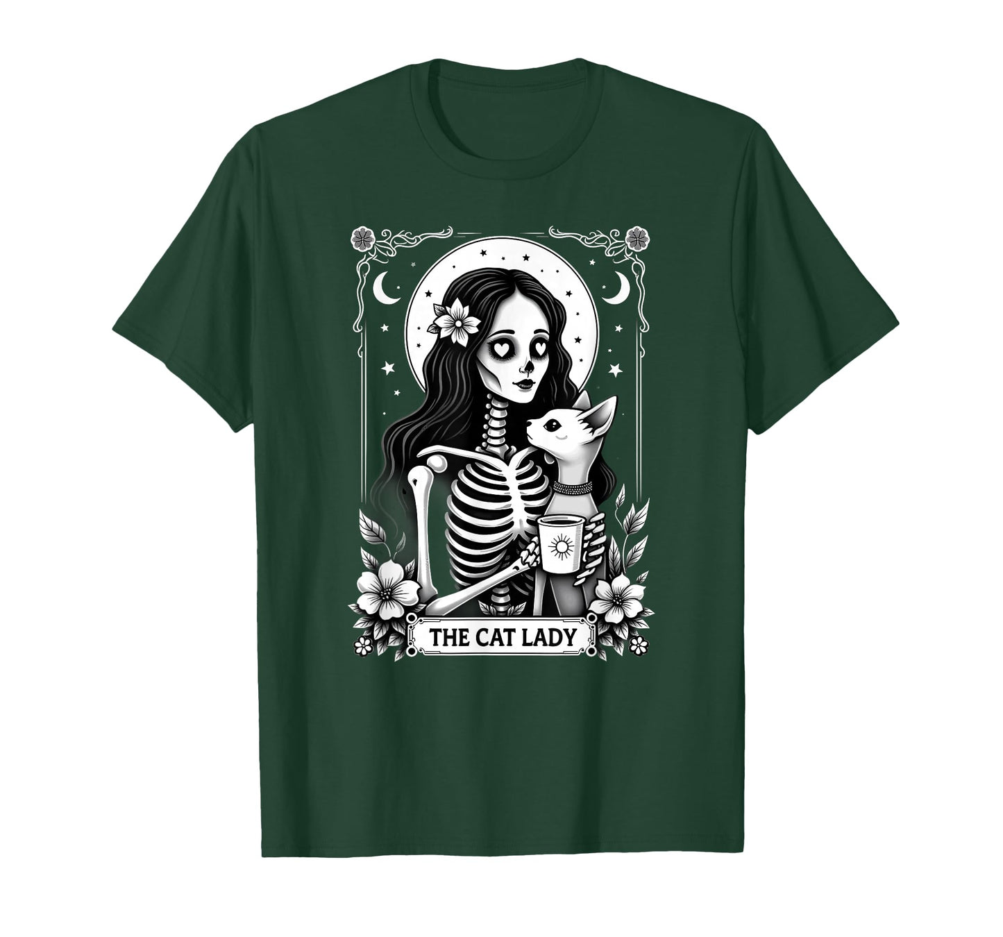 Gothic Tarot Card Cat Lady Skeleton Coffee T-Shirt