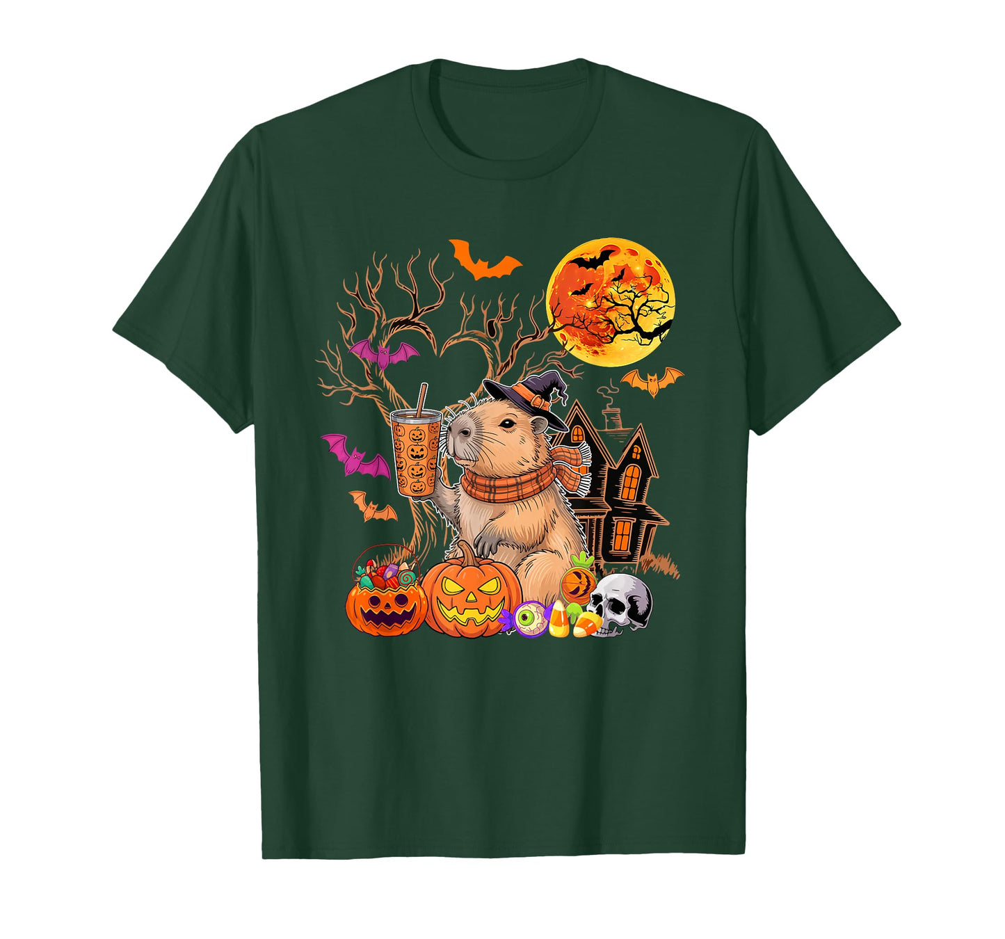 Capybara As Witch Drinking Coffee Halloween Carved Pumpkin T-Shirt