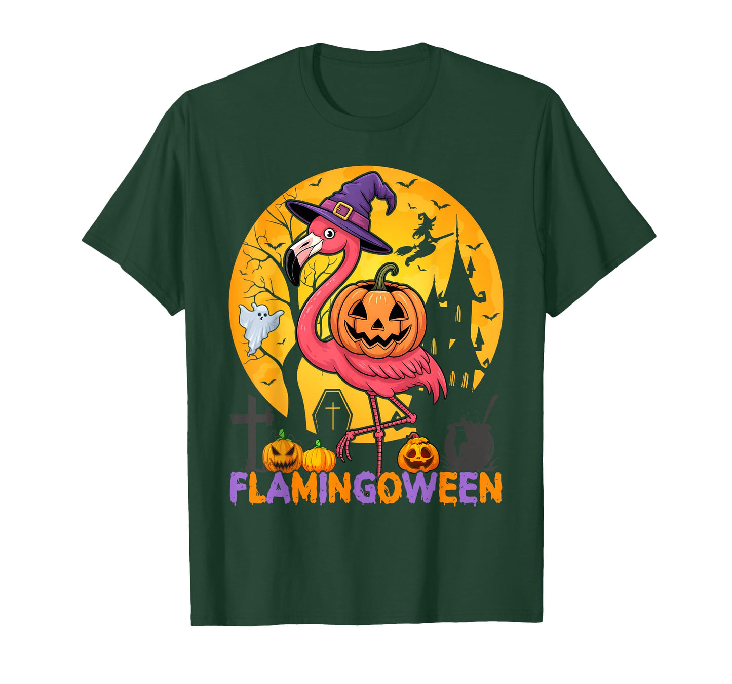 Happy Flamingoween Pink Flamingo Halloween Skeleton Spooky T-Shirt