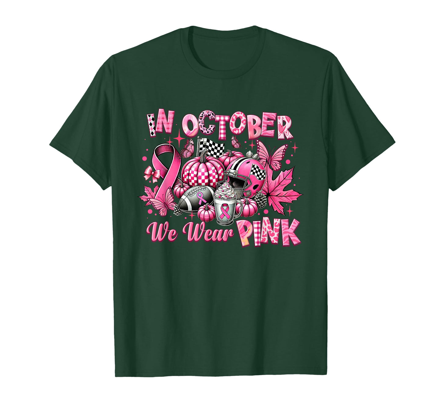 In October We Wear Pink Breast Cancer Pumpkin Football T-Shirt