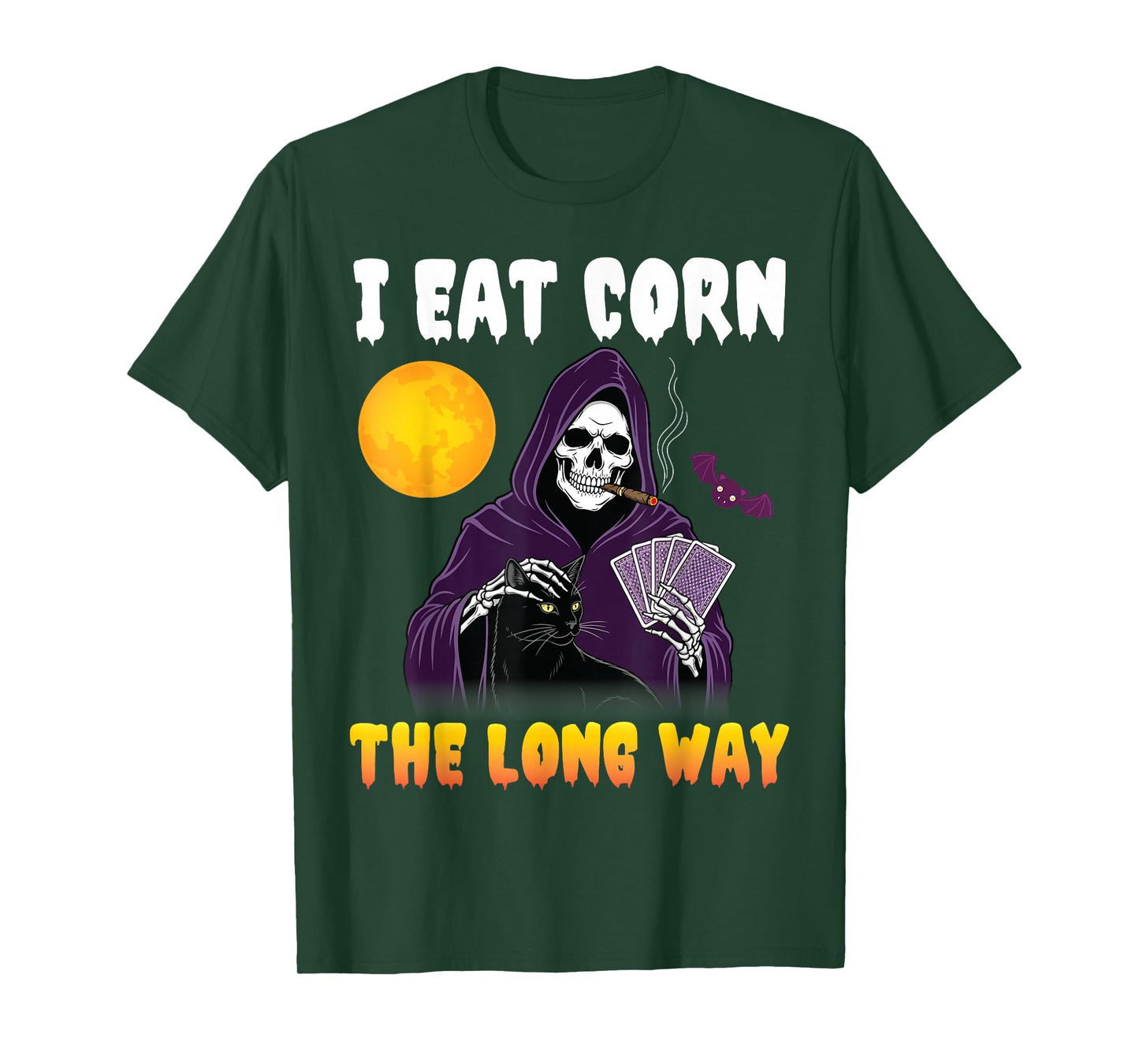 I Eat Corn The Long Way Grim Reaper with Black Cat Funny T-Shirt