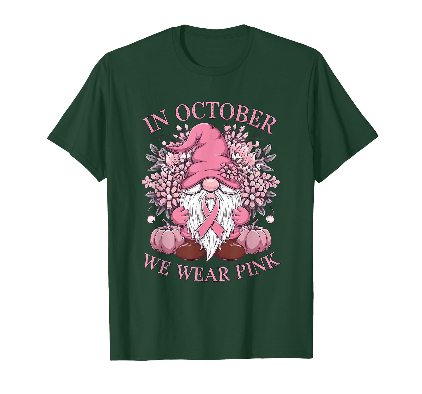 In October We Wear Pink Ribbon Gnome Fall Halloween T-Shirt