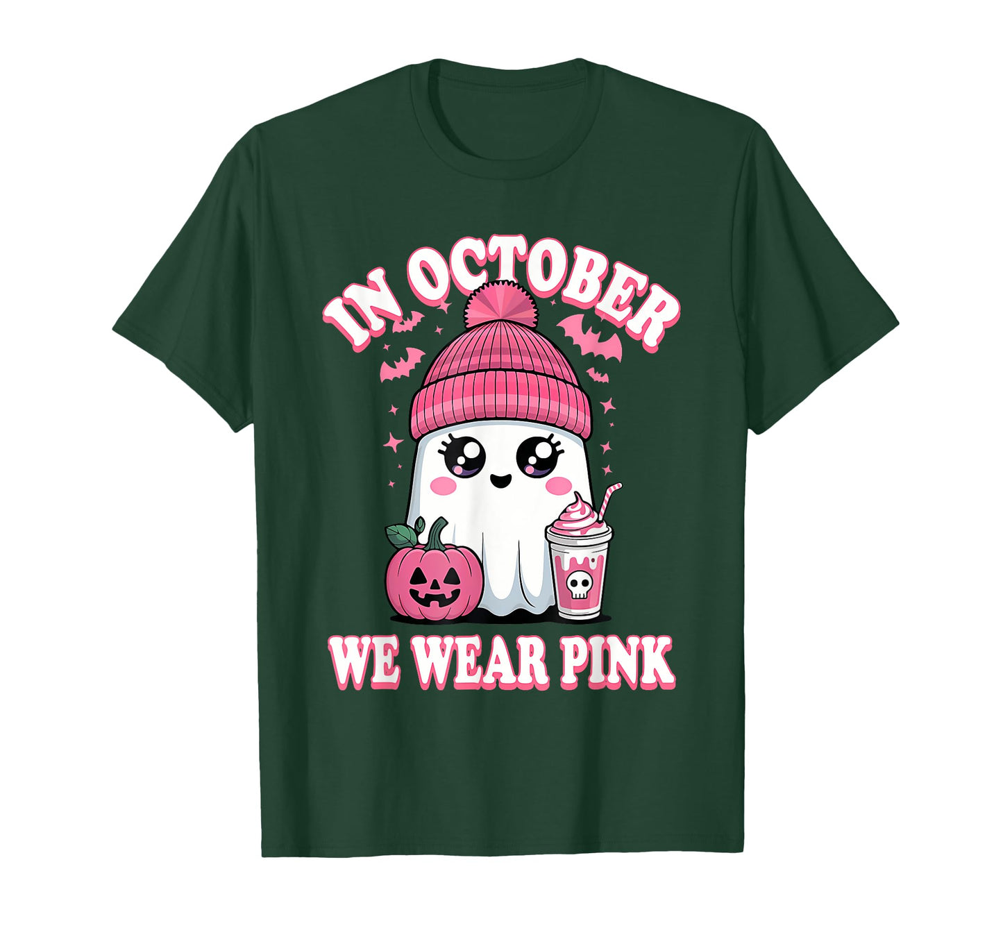 in October We Wear Pink Ghost Halloween Breast Cancer T-Shirt