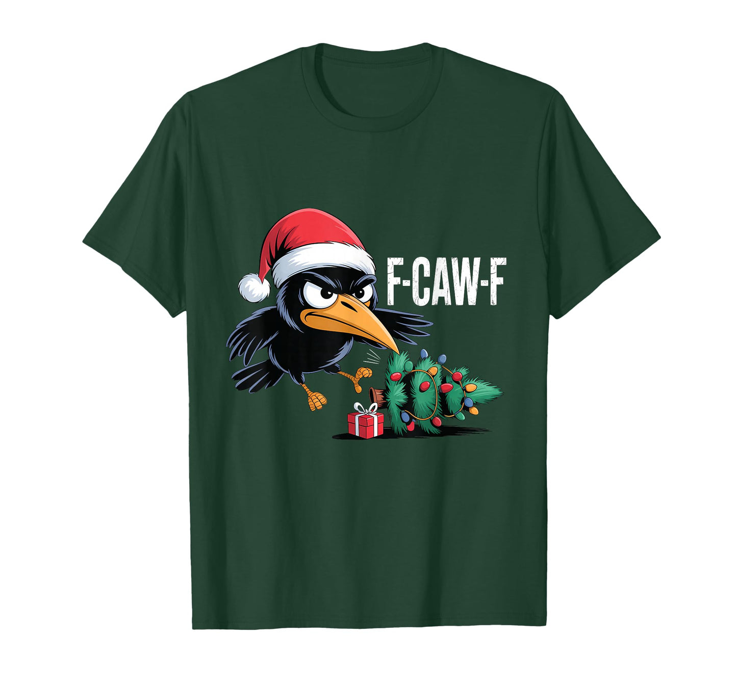 Funny Naughty F-Caw-F Black Crow Christmas Tree Santa Hat T-Shirt