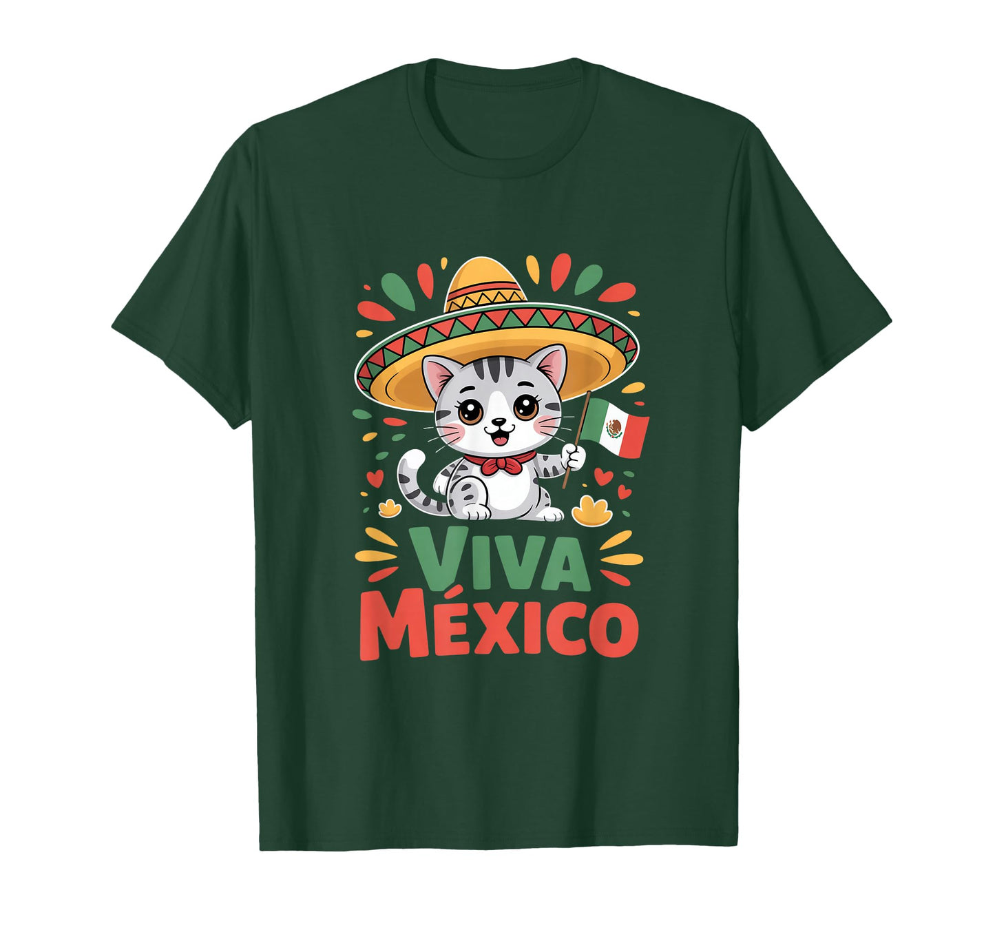 Viva Mexico Cute Cat Sombrero Mexican Flag Independence Day T-Shirt