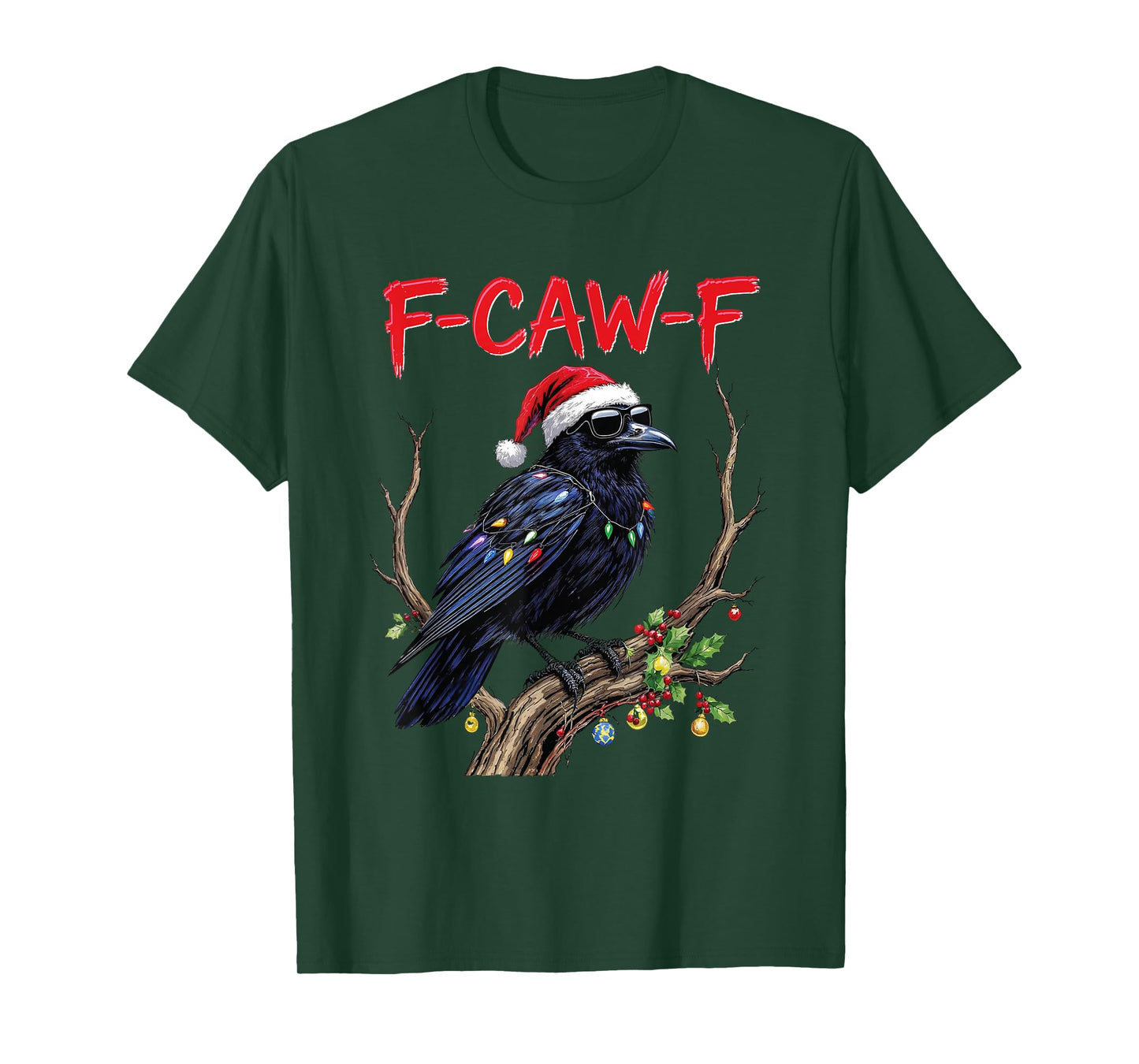 Black Crow F-Caw-F Funny Retro Christmas Lights Santa hat T-Shirt