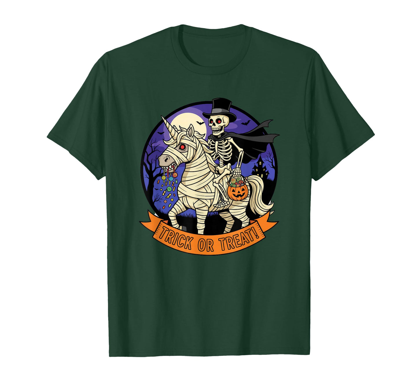 Trick or Treat Skeleton Riding a Mummy Unicorn and Pumpkin T-Shirt