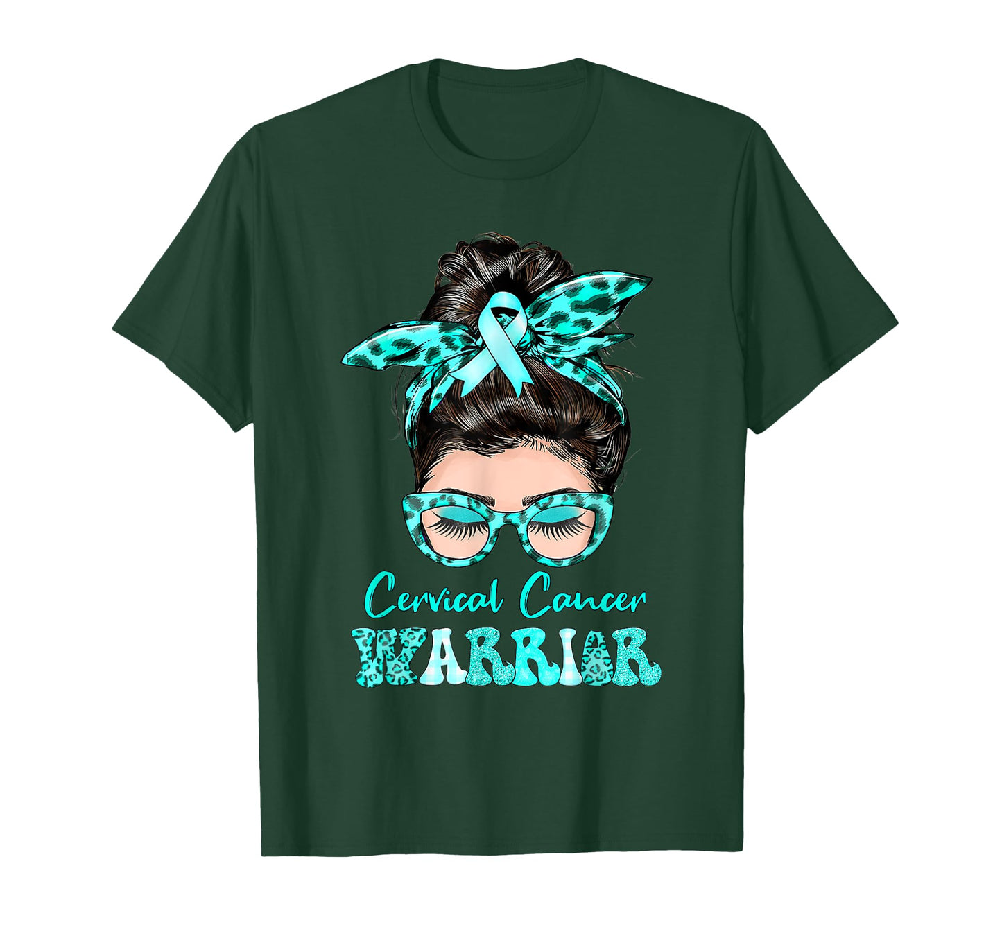 Messy Bun Teal Ribbon Cervical Cancer Warrior T-Shirt