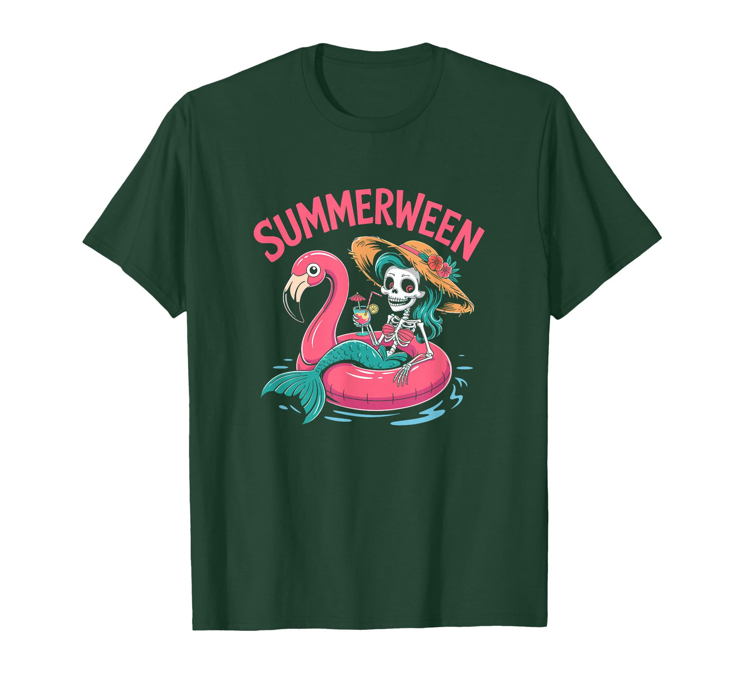 Summerween Vibes Spooky Summer Mermaid Skeleton Halloween T-Shirt