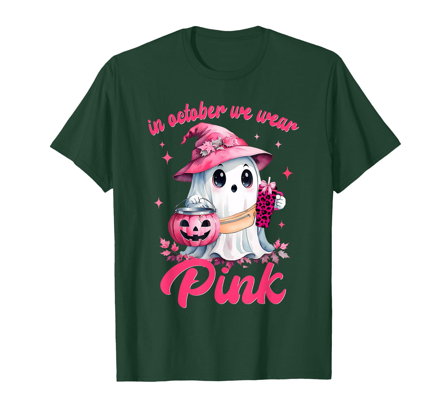 In October We Wear Pink Ghost Witch Breast Cancer Awareness T-Shirt