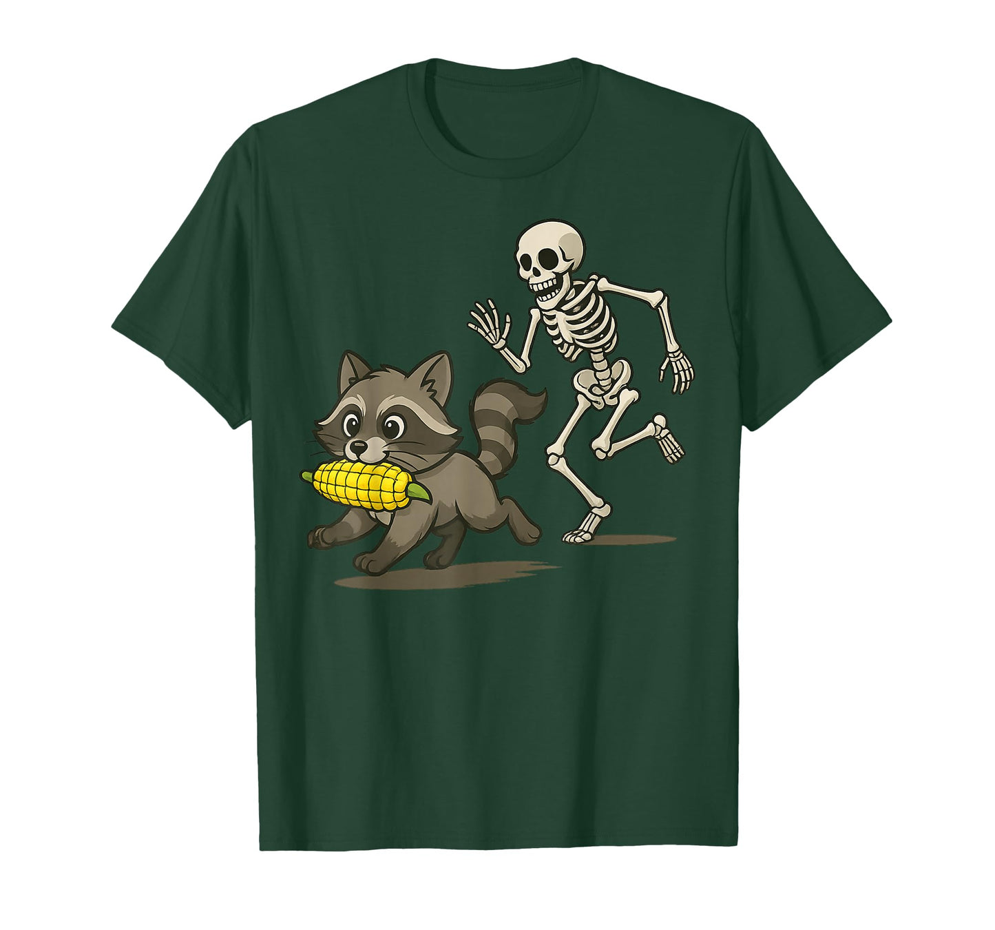 Raccoon Running with Corn and Skeleton Chasing Fun Design T-Shirt