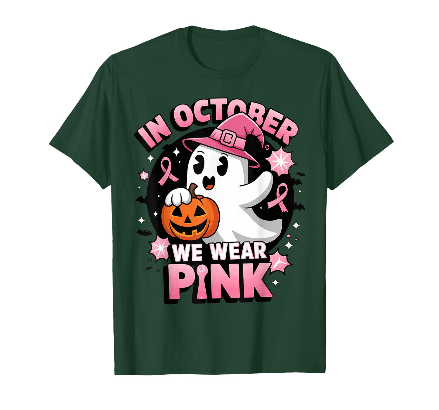 Ghost Witch in October We Wear Pink Breast Cancer Awareness T-Shirt