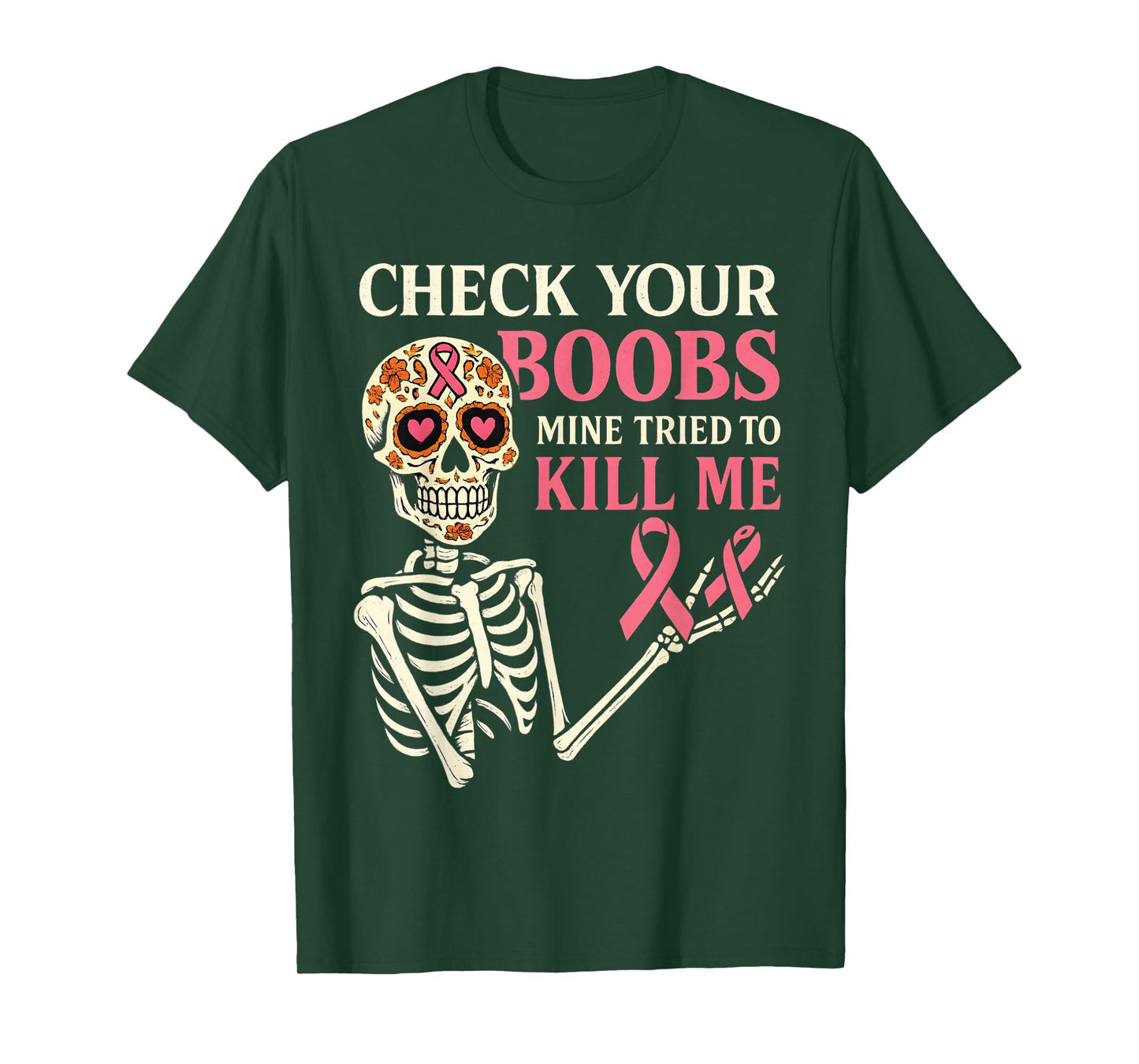 Women Sugar Skull Skeleton Funny Breast Cancer Awareness T-Shirt