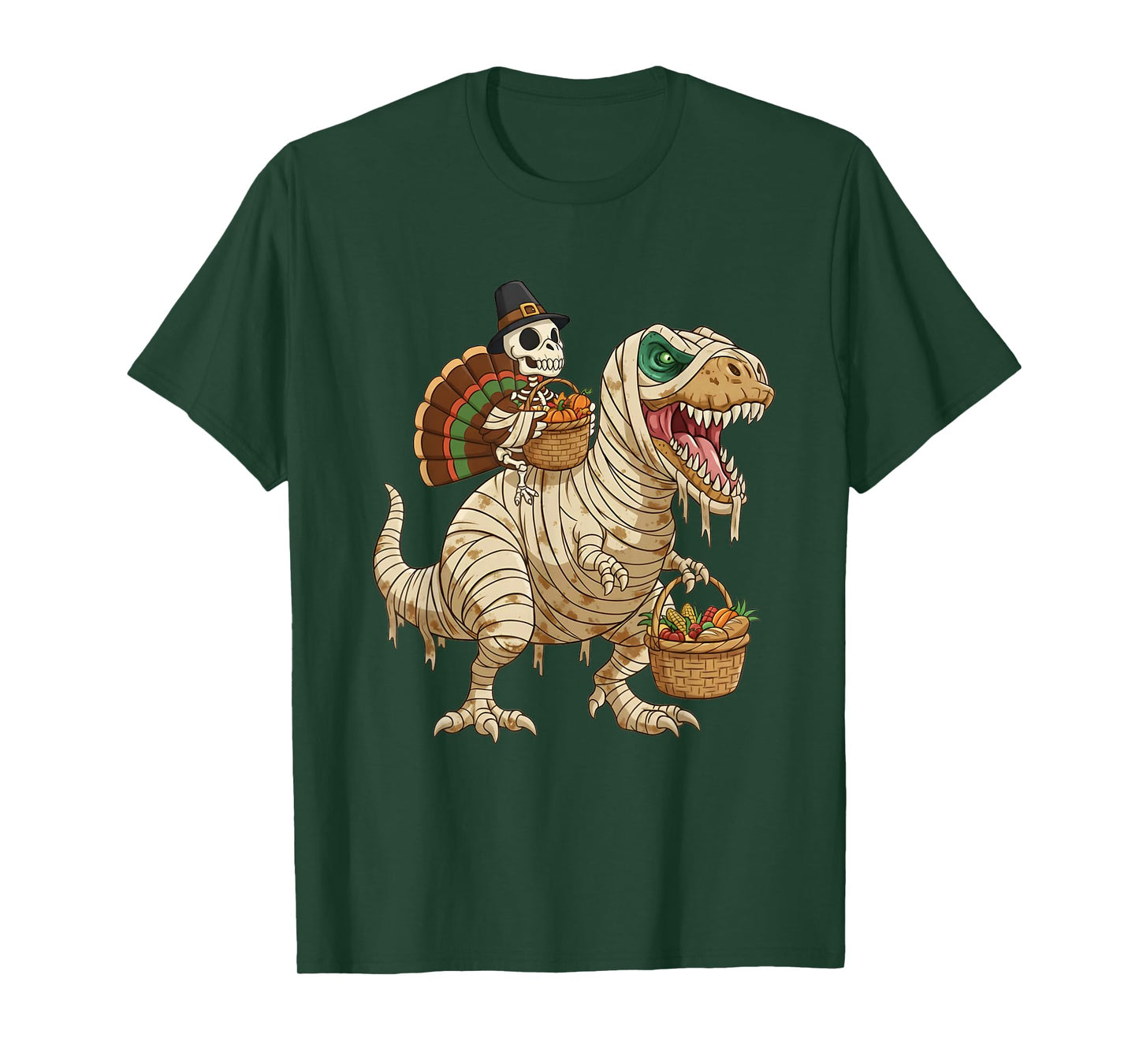 Skeleton Turkey Riding Mummy Dinosaur Funny Thanksgiving T-Shirt