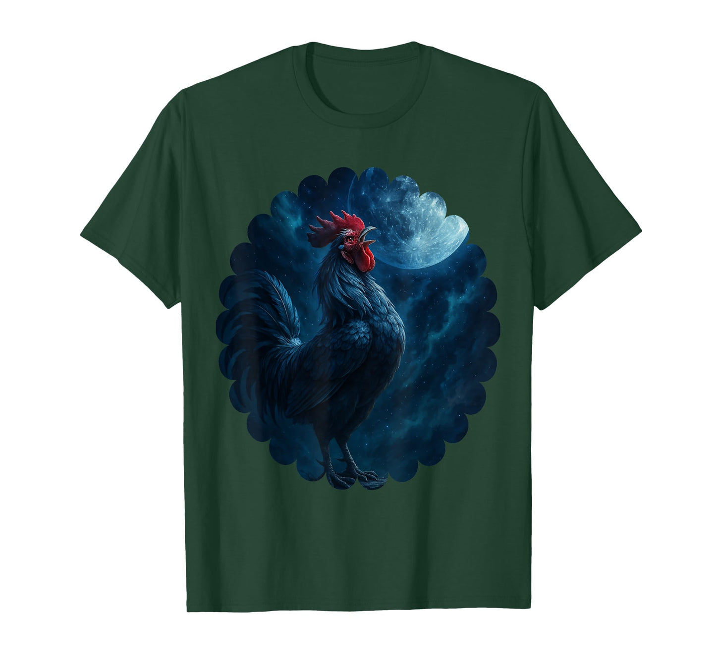 Mystic Rooster Under the Moon, Aurora Rooster Crowing T-Shirt