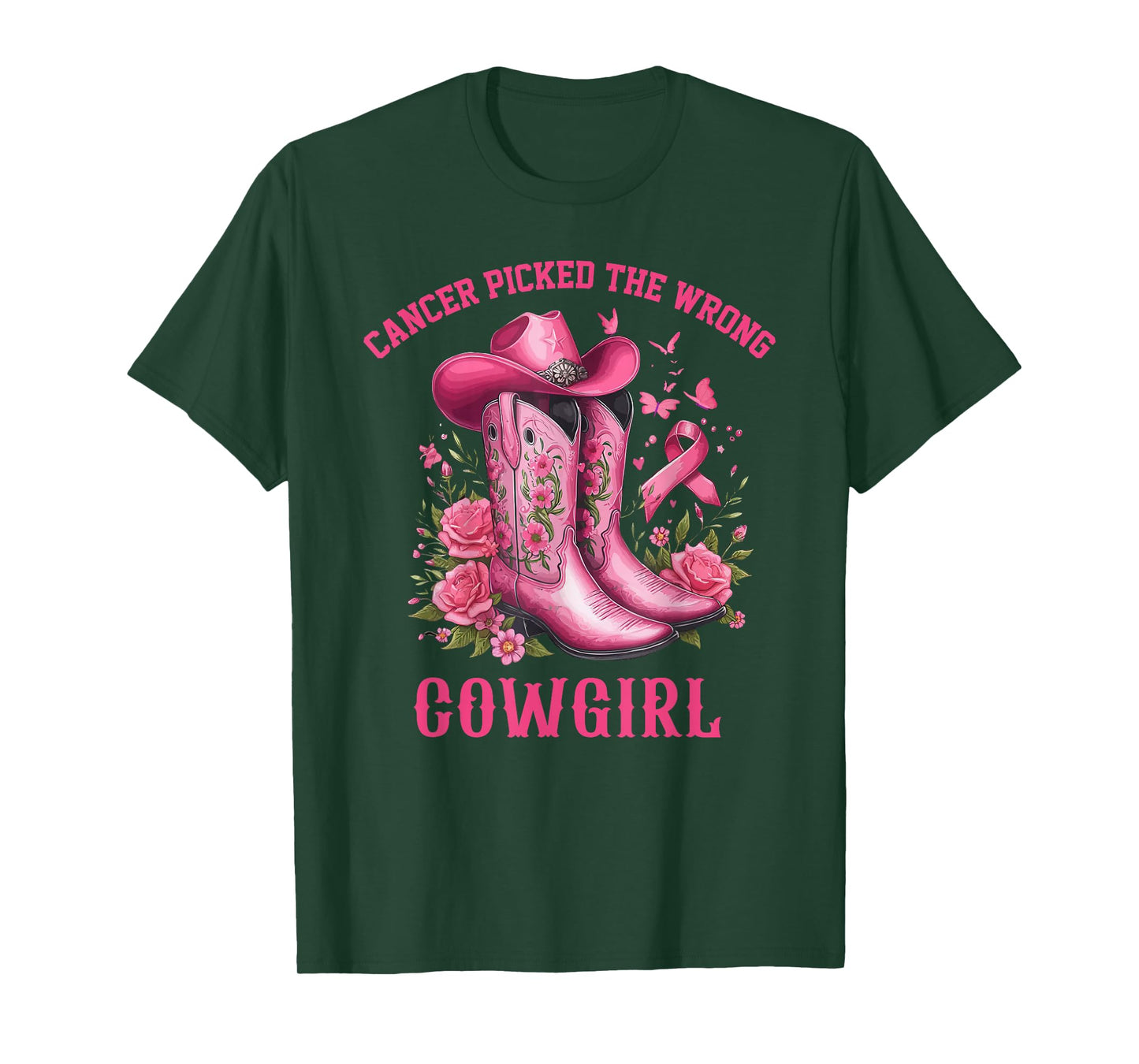 Pink Ribbon Cowboy Hat Boots Cancer Picked The Wrong Cowgirl T-Shirt