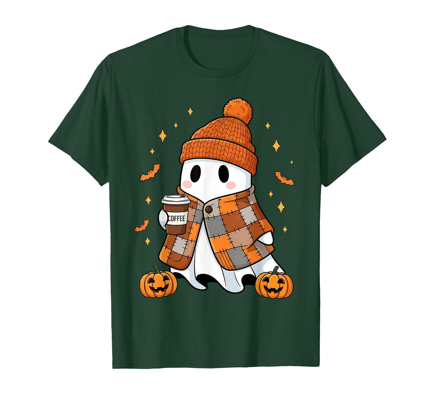 Ghost Drinking Coffee Halloween Patchwork Ghost T-Shirt