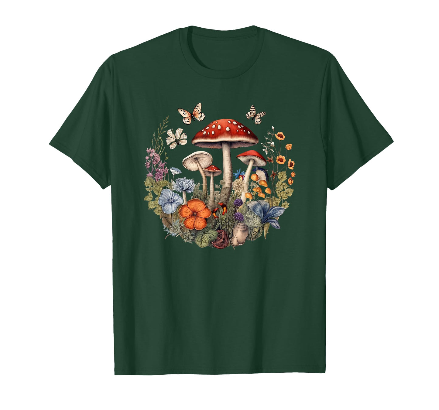 Flower Botanical Butterflies Mushroom Vintage Design T-Shirt