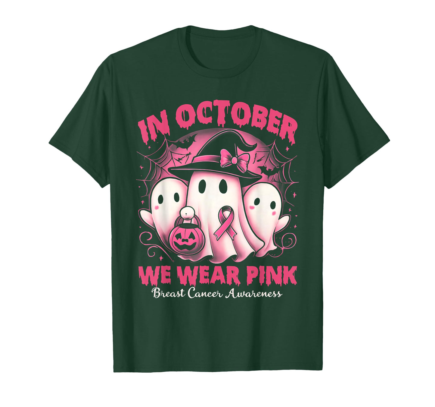 in October We Wear Pink Ghost Halloween Women Breast Cancer T-Shirt